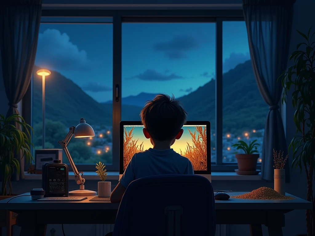 16：9 horizontal images that can be used for lo-fi music. A teenage boy with a stylish hairstyle is studying on a computer in his room.、The headphones are hanging around his neck.。Outside the large window, there are street lights and a little snow falling. The angle is from the rear left, so you can see the whole room.