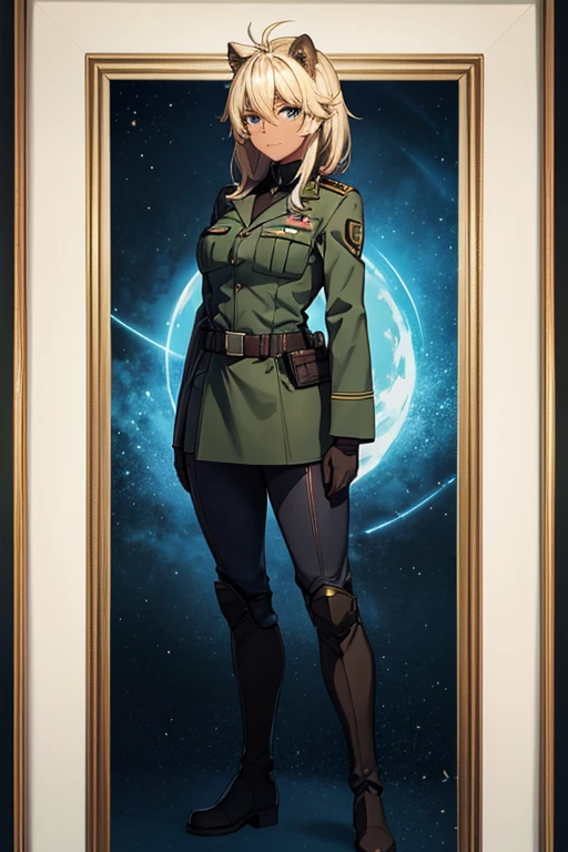  anime picture 、SF officers、 Full Body Portrait 、 A 32-year-old dark-skinned woman with arms folded and standing upright, about 175 cm tall, wearing a dark green military uniform、profile、 blue eyes、Ears like a lion、The hairstyle is short medium with feathery hair、Blonde、 smiling with her mouth closed 、military boots、gloves、Short cloak