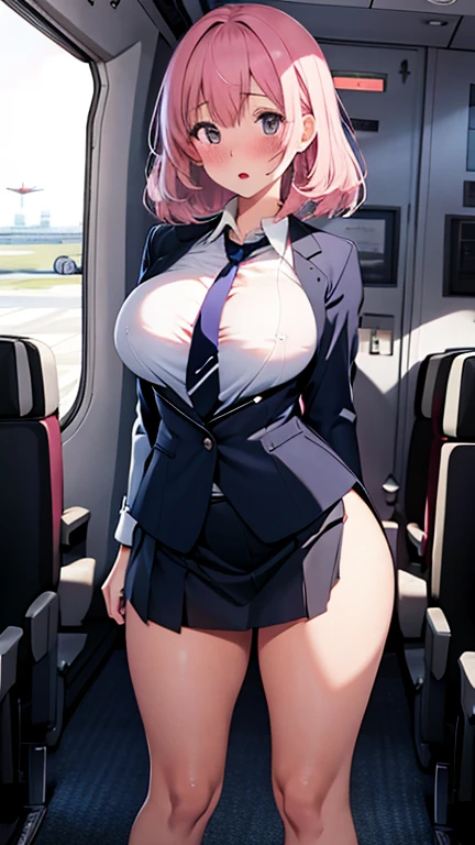 Stewardess,Tall and hot,The bust is amazing,Wearing a tight flight attendant uniform,The low-cut design of the top supports the big breasts even more full and attractive,The skirt is so short that it reaches only the base of the thighs,The delicate curves of the body are even more attractive。Beautiful face,The eyes are bright and radiant,The pink lips are even more attractive。