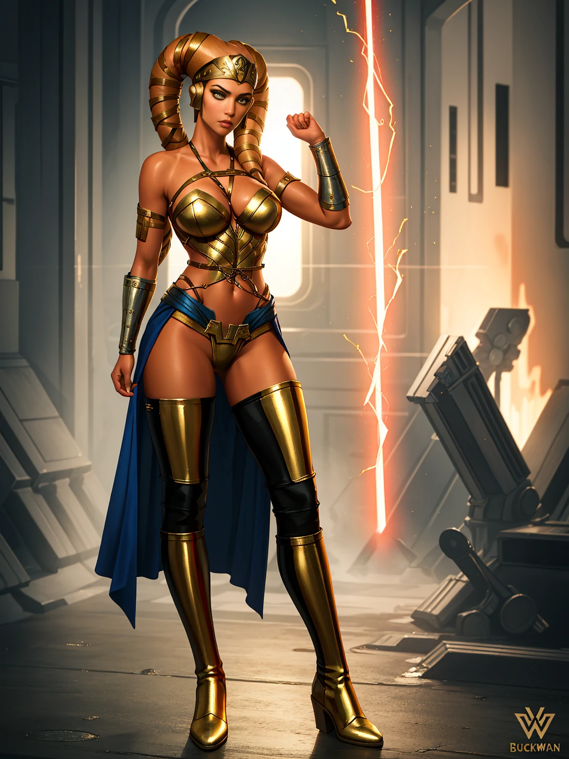 18 years old English lady, ((full body)), ((nude)), blond, blue eyes, heavily armored in black with a long cape to fight many aliens , beautiful chest, standing in the battle field, with her legs spread apart, zoom in from front below