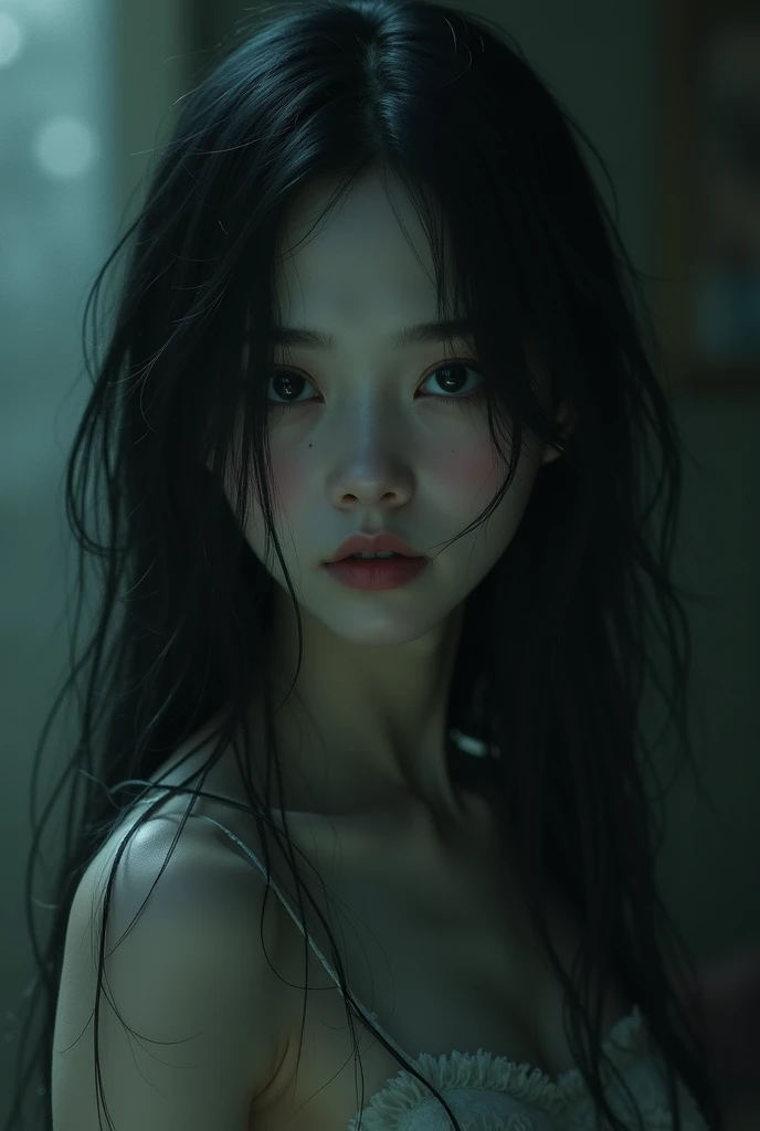 An intense and moody masterpiece of an extremely detailed CG unity 8k wallpaper showcasing a woman with a ripped and torn dress, messy curly hair, and an intense frightened expression, Crying, The low-key lighting adds to the atmospheric drama of the scene.