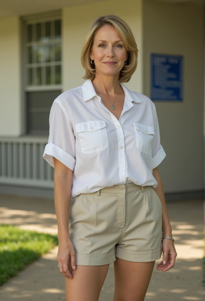 cute mom, late 40s, no makeup, busty, outside school, elegantly and conservatively dressed, shorts, great legs, realistic, photorealistic, 8k, masterpiece, detailed face, detailed eyes, detailed lips, beautiful skin, natural lighting, soft colors, warm tones