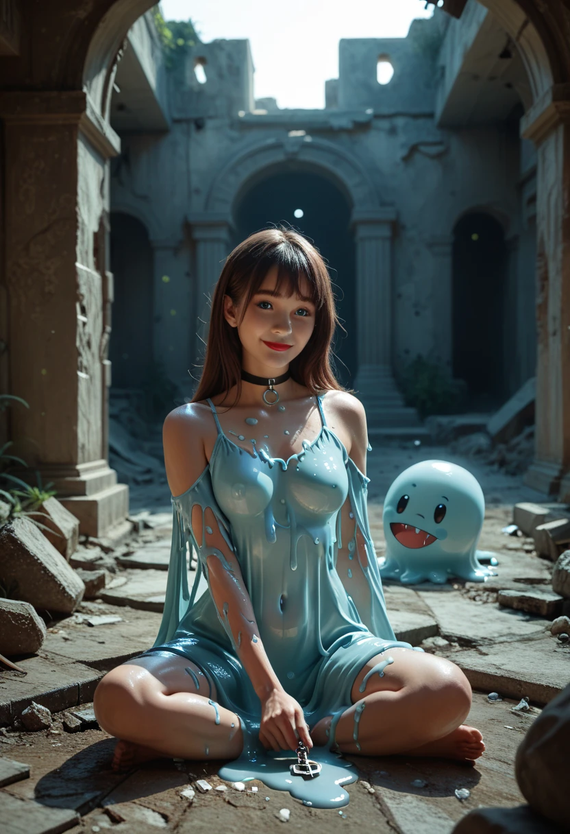 masterpiece,   High Quality  , ((High Key Photos  , Bright photo)), Best lighting, 8k,   Neatly arranged beautiful lighting, 最  High Quality  ,    high res ,    Focus on Women  , Yoo Ji Young,   1 girl, Alone,  straight,   long brown hair  , bangs,   Sexy Body , (  Slime Body :1.3),  blue eyes，  taken from the front、  looking at camera、devil,  Smile 、  beautiful eyes、  red lips、  sitting、  black choker like an NTR cartoon,  Completely-valid, ((  full body photo)), Ruins,  古代Ruins,  beautiful faces、 My body is mostly covered in slime