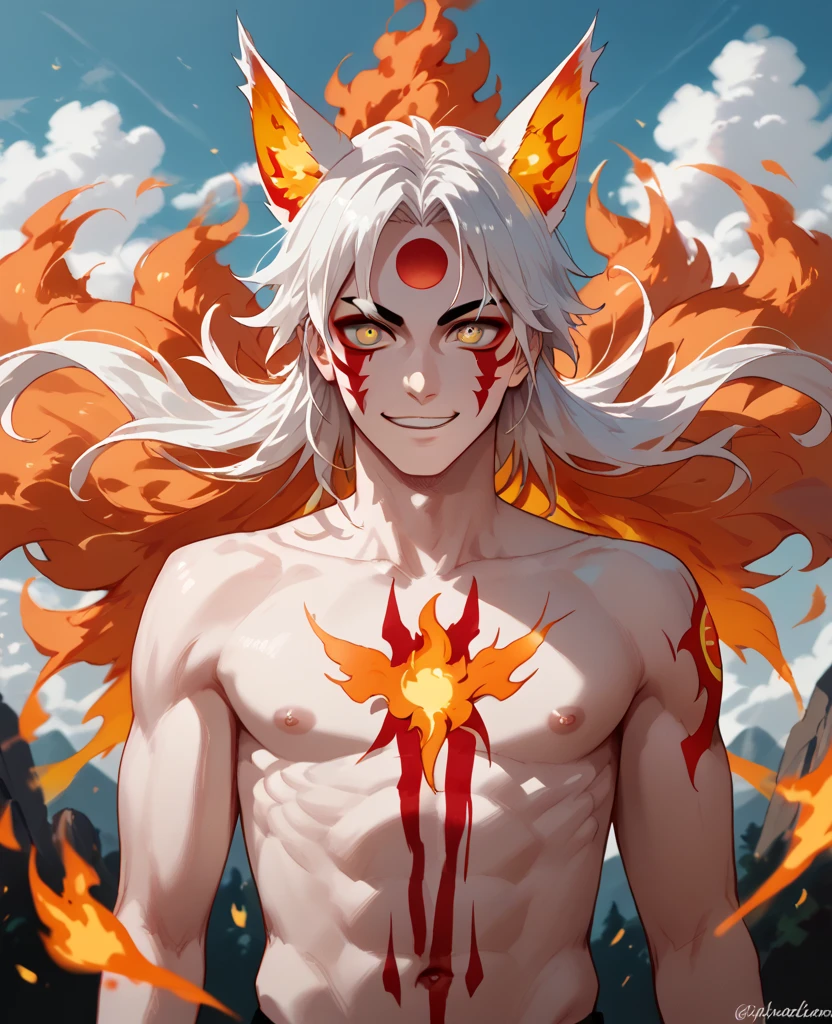 man, fiery hair, white skin, red face paint, jentry chau, anime style, fire powers, yellow cat eyes, white hair, third cat eye on forehead, voluminous hair, orange twilight sky, smile, kitsune style