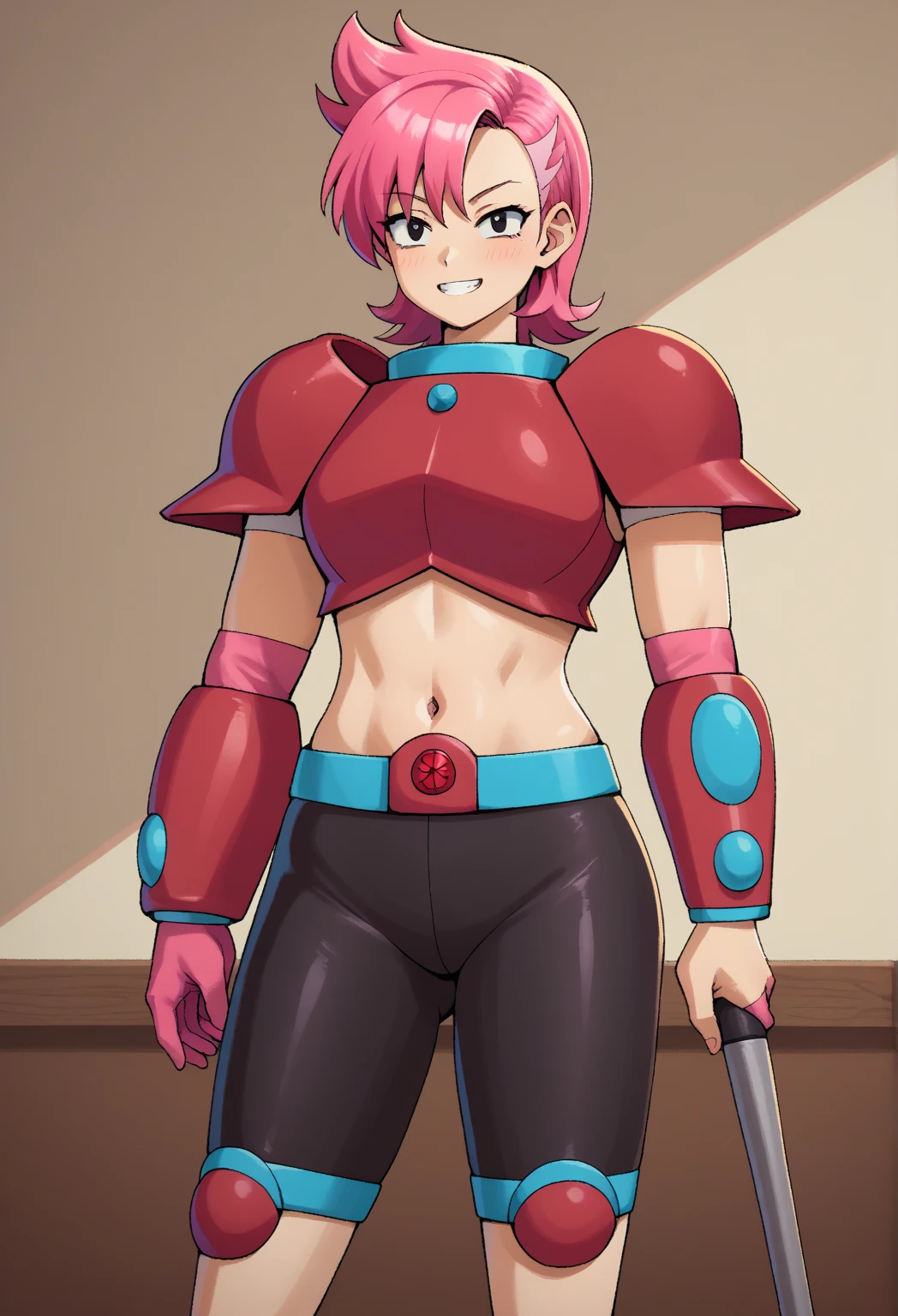 score_9,score_8_up,score_7_up,score_9,4k,HD,8k,highres,antialiasing,detailed,texture,lineart,full color,cinematic lighting BREAK redaction,1girl,solo,smile,short hair,one glove,navel,pink glove,pink hair,midriff,belt,armor,black eyes,crop top,bike shorts,shoulder armor,pauldrons,knee pads,shoulder pads,cowboy shot,room,room background,looking at viewer,