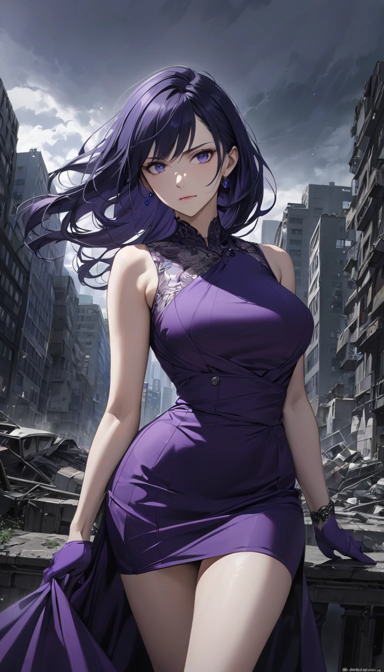 masterpiece, top quality, 8k, realistic anime, a mature woman with dark blue hair, posing for a picture, Slim and elegant Body shape, one purple glove in only one arm, elegant purple dress with white belly, short skirt, is a mature woman, calm expression face, serious mouth expression, cyan eyes, long hair, dark destroyed city in the background, dark atmosphere