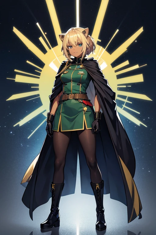  anime picture 、SF officers、 Full Body Portrait 、 A 32-year-old dark-skinned woman with arms folded and standing upright, about 175 cm tall, wearing a dark green military uniform、profile、 blue eyes、Ears like a lion、The hairstyle is short medium with feathery hair、Blonde、 smiling with her mouth closed 、military boots、gloves、Short cloak