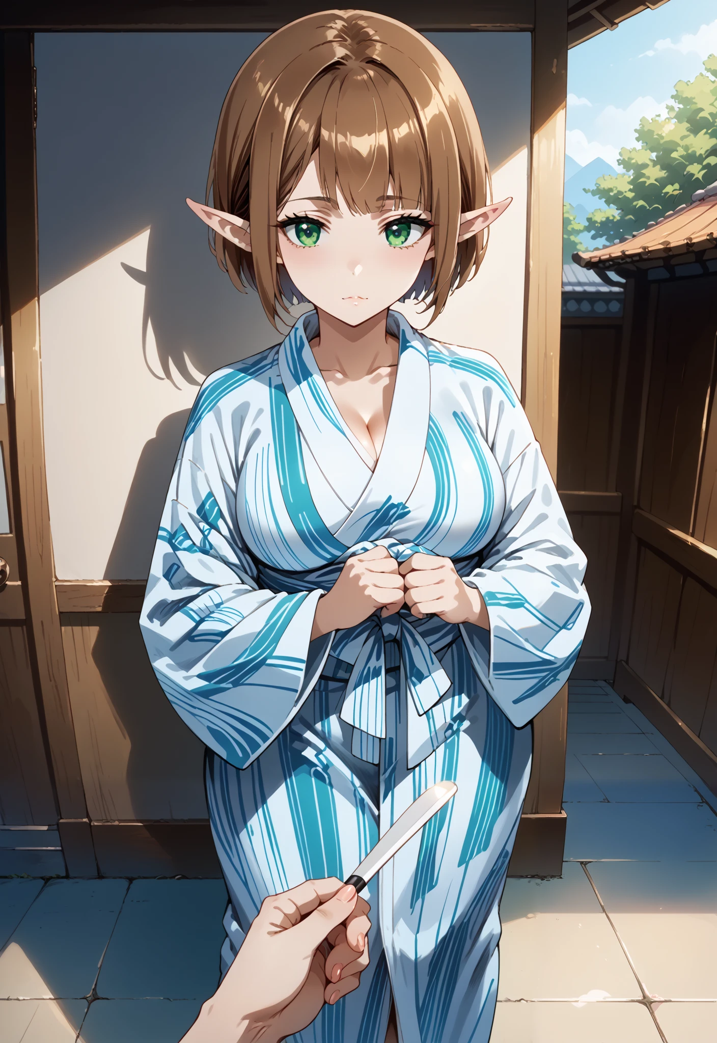 score_9, score_8_up, score_7_up, source_anime, 4K,perfect fingers, (perfect hands, perfect anatomy),
1girl,Ein3Tu113, green eyes, brown hair, short hair, pointy ears, large breast,
wearing ((yukata)),,
Pov against the wall standing,