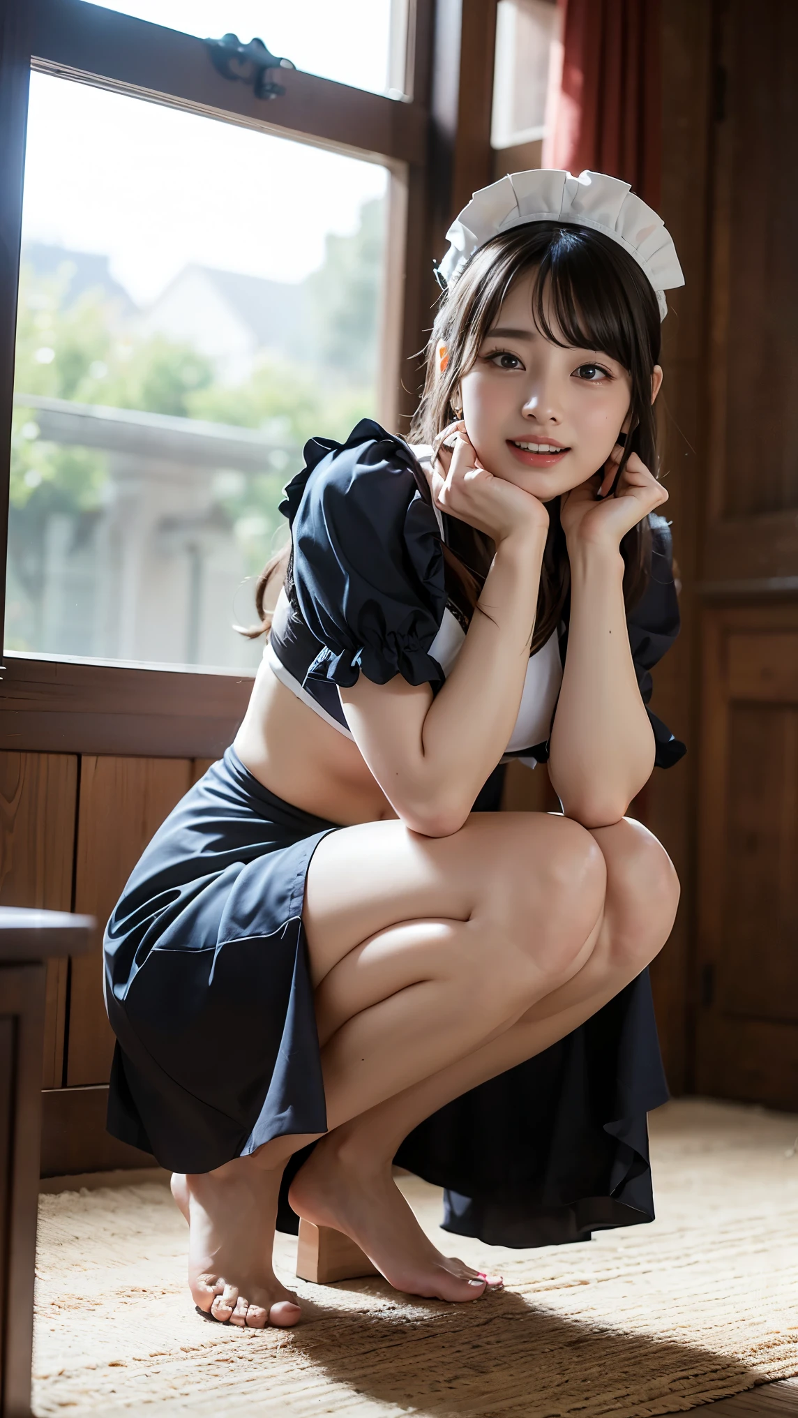 High resolution, Super detailed, Realistic, 1 beautiful Japan girl, Highly detailed beautiful face, Short Bob、Black Hair, Beautiful feet, A light smile, Sports underwear, Bedroom