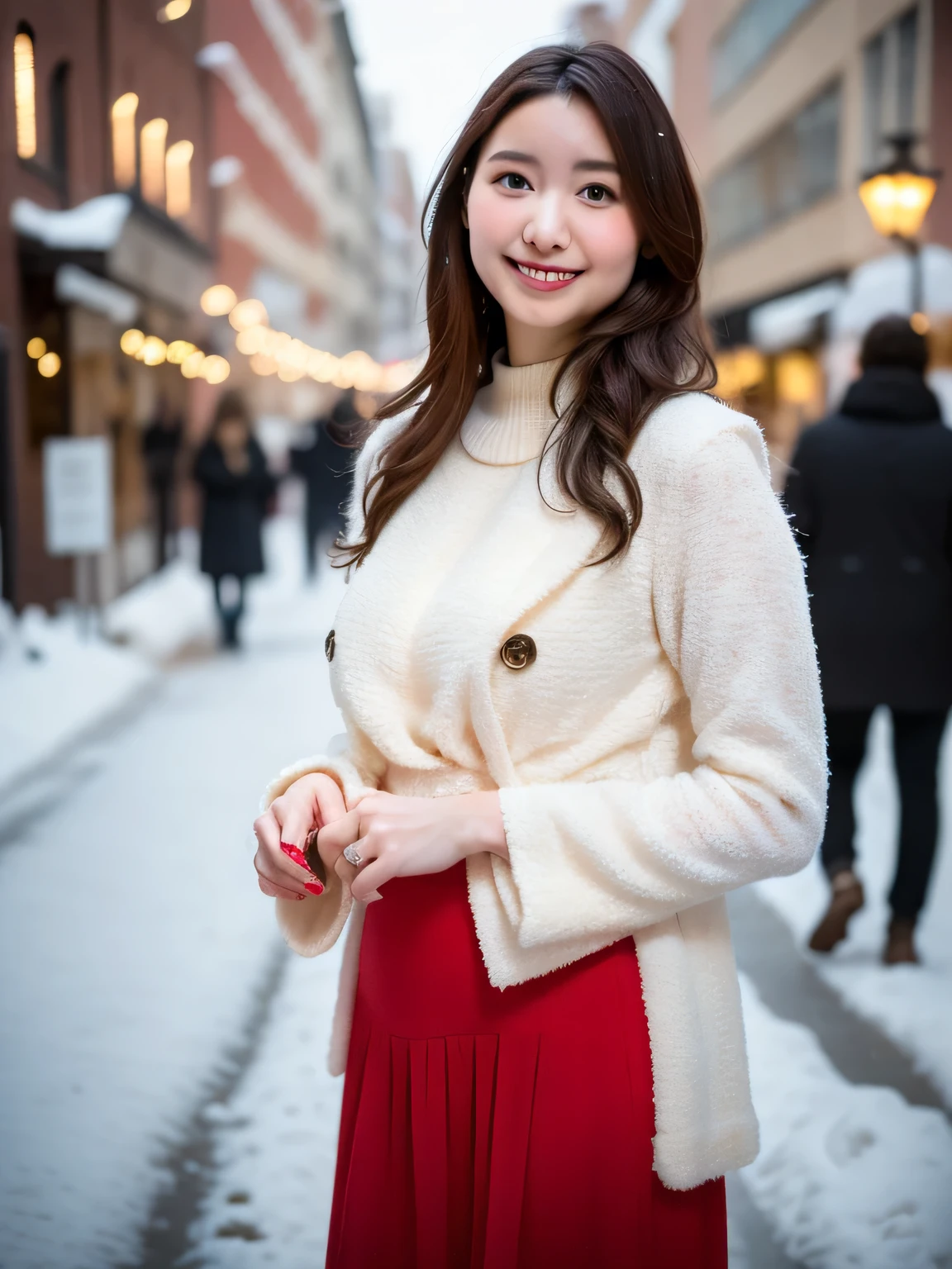 A young woman dressed in a classic Santa Claus outfit stands at a bustling street corner, her red and white coat and matching skirt perfectly tailored to her petite frame. Black boots crunch softly against a thin layer of fresh snow. On her back, she carries a large white sack brimming with presents, the fabric slightly bulging as if barely containing the festive treasures within. The warm glow of Christmas lights strung across storefronts reflects off the snow-covered ground, while the sky transitions from a fiery orange of sunset to a deepening twilight blue. Snowflakes drift lazily through the air, adding a touch of magic to the scene. Her radiant smile and sparkling eyes exude joy, creating a stark yet heartwarming contrast to the serene winter evening, embodying the spirit of the season. 20-year-old woman ( RAW photos , top quality ), ( realistic , photo- realistic :1.4), masterpiece, extremely delicate and beautiful, extremely detailed, 2k wallpaper, wonderful, Detailed description, extremely detailed CG unity 8k wallpaper, ULTRA DETAIL, high res, Soft light, beautiful detailed girl looking back, extremely detailed eyes and face, beautiful detailed nose, beautiful detailed eyes, cinematic lighting , Perfect Anatomy, slender body, (Wear a blouse ) ( Long Skirts), smile.