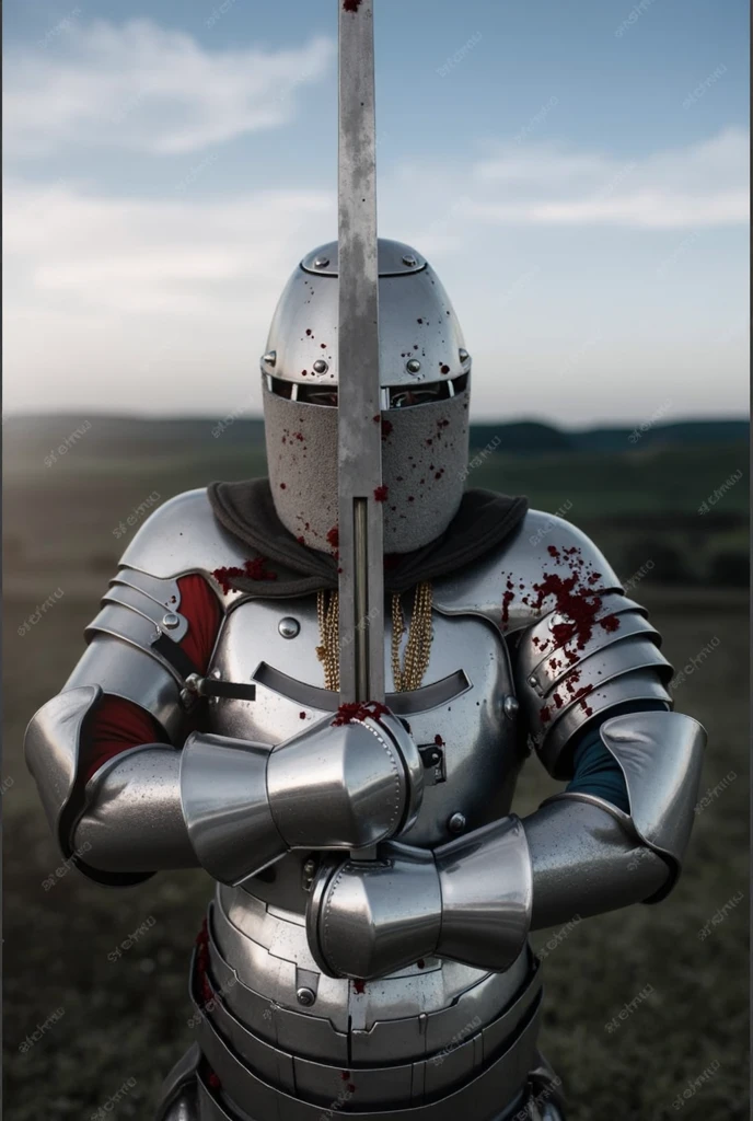 A knight fallen in battle, on his knees, blood all over his amour as he holds on to his sword, dark background