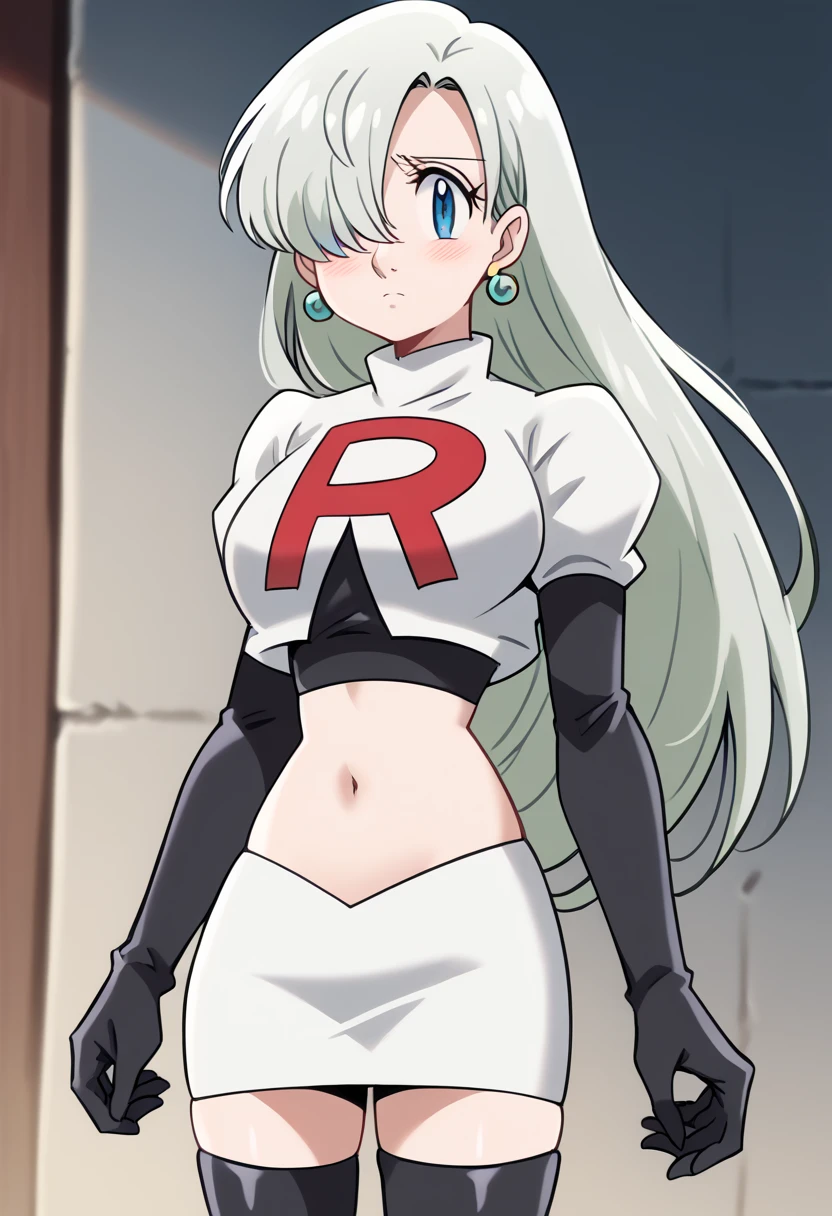 defCorrin, black hairband ,earrings, glossy lips 8k, masterpiece,highres,very large breast, team rocket uniform, red letter r, white skirt,white crop top,black thigh-high boots, black elbow gloves, glaring angrily, looking down at viewer, hands on hips, cowboy shot, zettai ryouiki,from below, black panties,anime style, vivid colors, sharp focus, intense lighting,