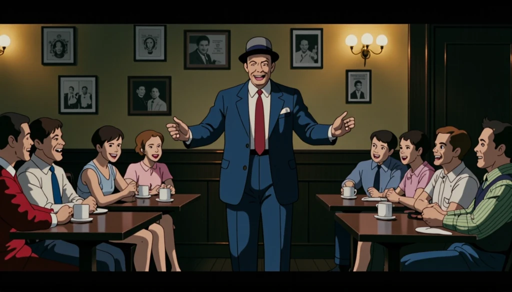 A Nouvelle Vague-style cinematic scene featuring a comedian entertaining a small group of people. The setting is an intimate and slightly vintage café or lounge with soft, warm lighting and a bohemian atmosphere. The comedian, dressed in a mix of retro and casual attire, gestures dramatically as the audience smiles and laughs, their expressions filled with joy and engagement. The background includes posters on the walls, a small stage with a microphone stand, and scattered tables with coffee cups and glasses. The image captures a candid, raw, and artistic moment, with high contrast and slightly grainy textures to reflect the Nouvelle Vague aesthetic.