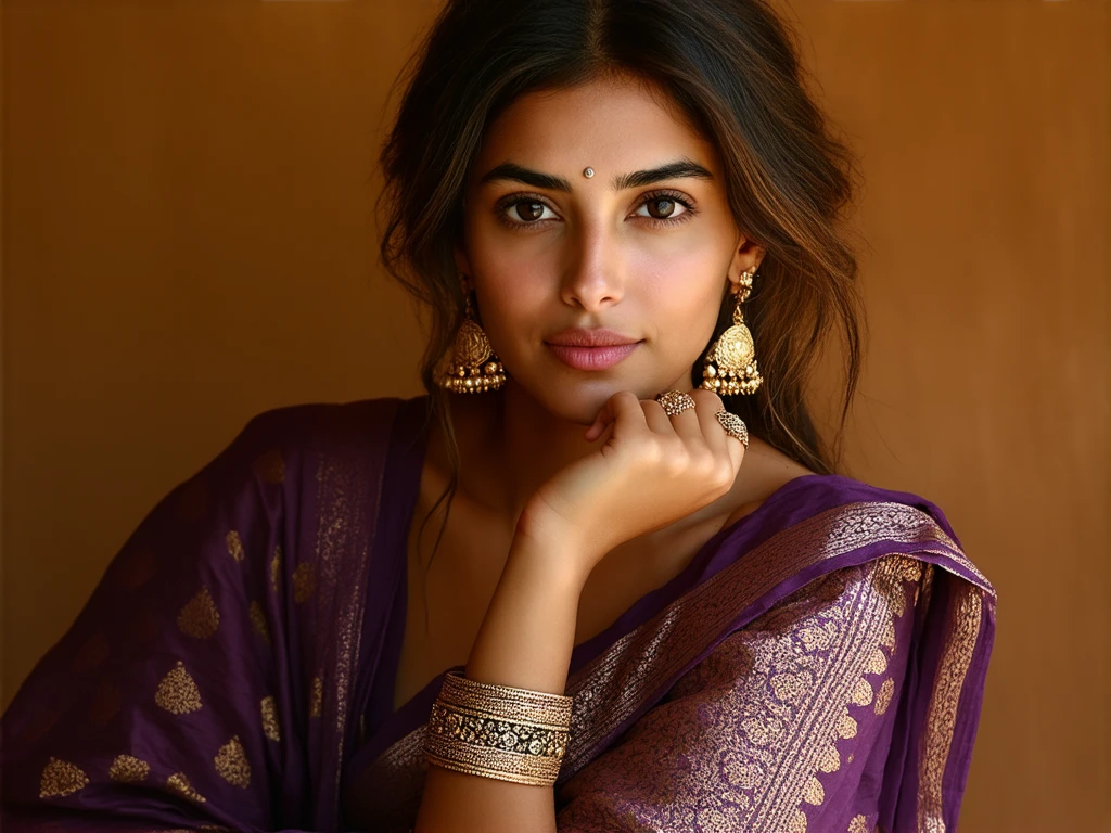 A beautiful Indian woman, aged around 32, with an elegant, traditional look. She has a serene expression with a gentle smile. She is wearing a deep maroon saree with a purple border adorned with intricate golden embroidery. Her hair is styled in a neat, traditional updo with a few soft curls framing her face. She has a larger bust size, adding to her graceful appearance, with a semi-revealing saree drape that tastefully showcases her bust. She wears gold jhumka earrings and a small red bindi on her forehead. The background is a soft pink hue, adding to the overall warm and inviting ambiance. The image should have a focus on her upper body, highlighting her traditional attire and jewelry.