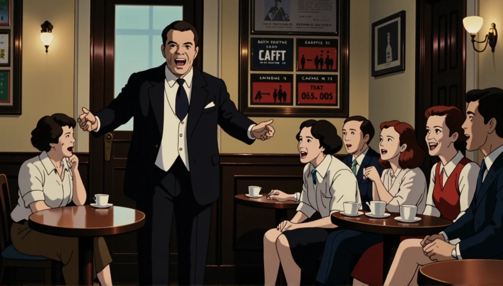 A Nouvelle Vague-style cinematic scene featuring a comedian entertaining a small group of people. The setting is an intimate and slightly vintage café or lounge with soft, warm lighting and a bohemian atmosphere. The comedian, dressed in a mix of retro and casual attire, gestures dramatically as the audience smiles and laughs, their expressions filled with joy and engagement. The background includes posters on the walls, a small stage with a microphone stand, and scattered tables with coffee cups and glasses. The image captures a candid, raw, and artistic moment, with high contrast and slightly grainy textures to reflect the Nouvelle Vague aesthetic.