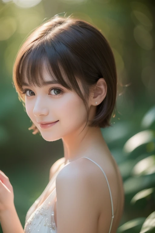   beautiful girl, (((((  small)))), Show your face,  short hair ,   brown, 8k,  Professional photoshoot, delicate,   clear  ,   in the forest  ,  moon,  Light Leak , masterpiece, (  beautiful)))), (reality)))), smile,  wonderful,   angel, young