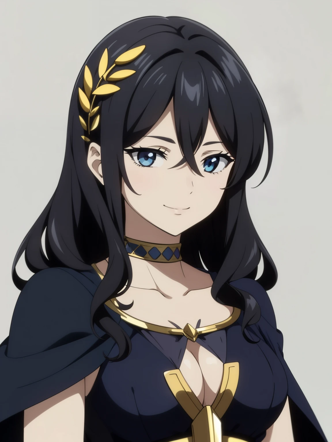 (high-quality, breathtaking),(expressive eyes, perfect face) 1girl, female, solo, adult, dark black color hair, blue highlight in hair, tanned skin, pale light blue eye color, medium hair length, fluffy spiky hair, wavy curly hair, black dress with gold trim, tunic, Greek Goddess, Ancient Greek Dress, Greek Clothes, Symmetrical Eyes, portrait, halfbody, positive expression, grey background, elegant, mature, beautiful, soft smile, hair between eyes, SunsetHuman, flat chest A3, simple background, hair ornament, purple flower, collarbone, fingerless gloves, smile, bracelet, armor, upper body, breastplate, cleavage, necklace, jewelry, smile,