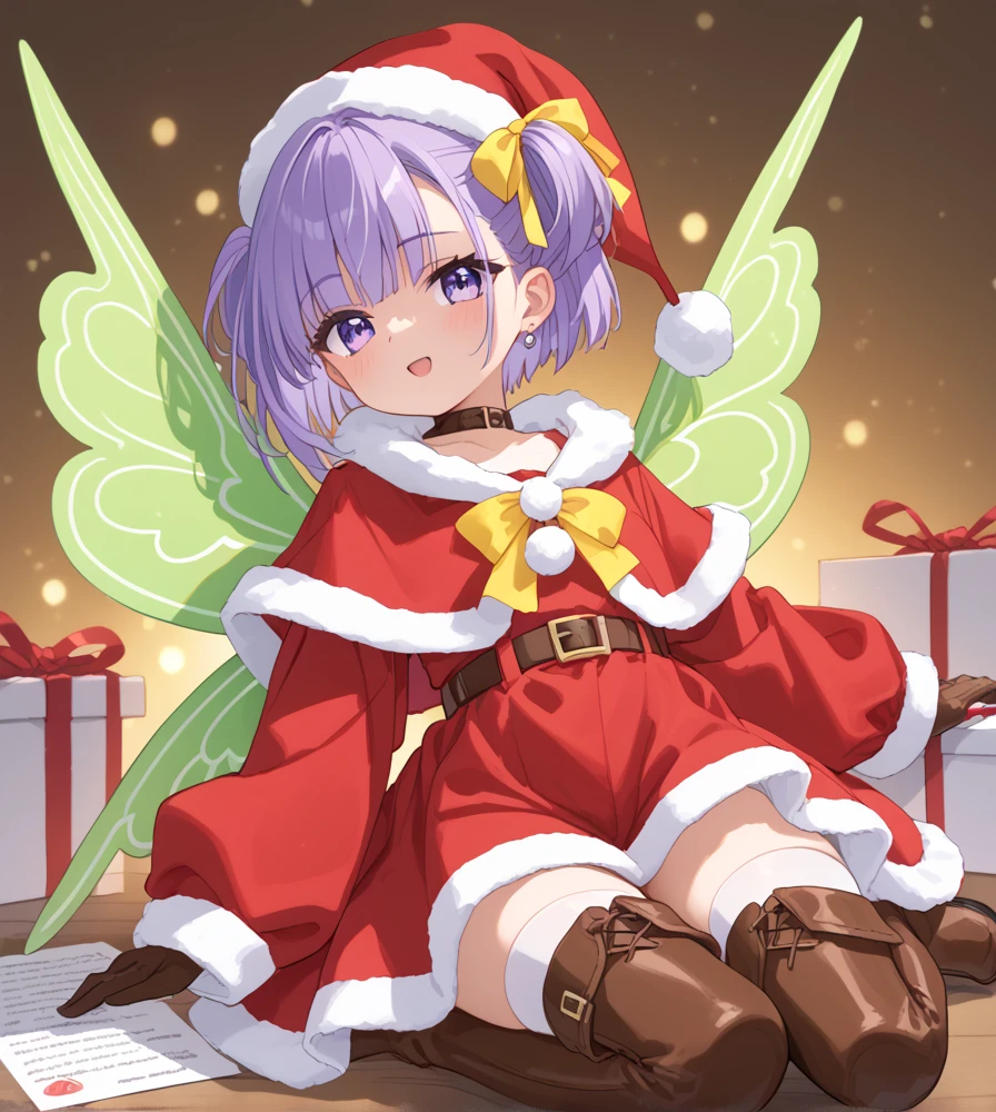 masterpiece,best quality:1.2)),Muryan, Santa hat :1.2,((Santa Claus costume:1.2)),Large white paper bags:1.2,short hair,clothing,purple hair,twintails,single sidelock,((yellow ribbon:1.2)),purple eyes,brown gloves,brown thigh boots,fairy wings