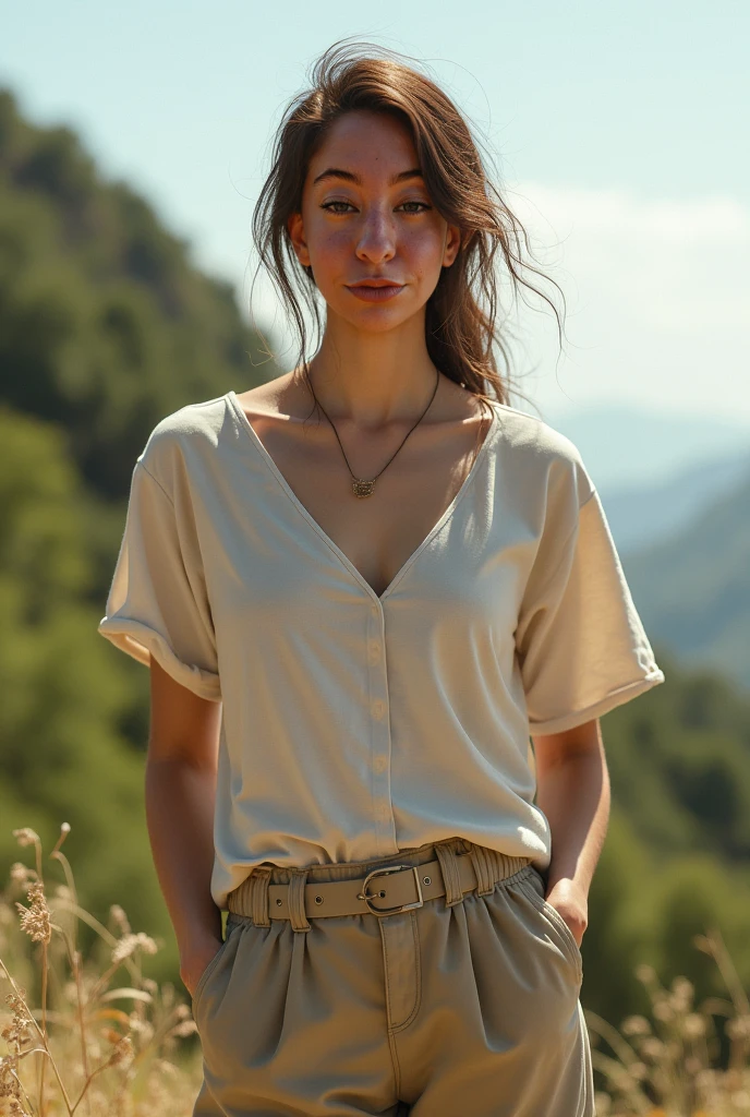 (( anatomicamente correto, boa qualidade, obra prima )), Young white woman with brown hair looking into the camera, estilo arte capa de quadrinhos, cabelos compridos, roupas casuais, ((olhos castanhos)), denim trousers, cabelos lisos, ultrarrealismo