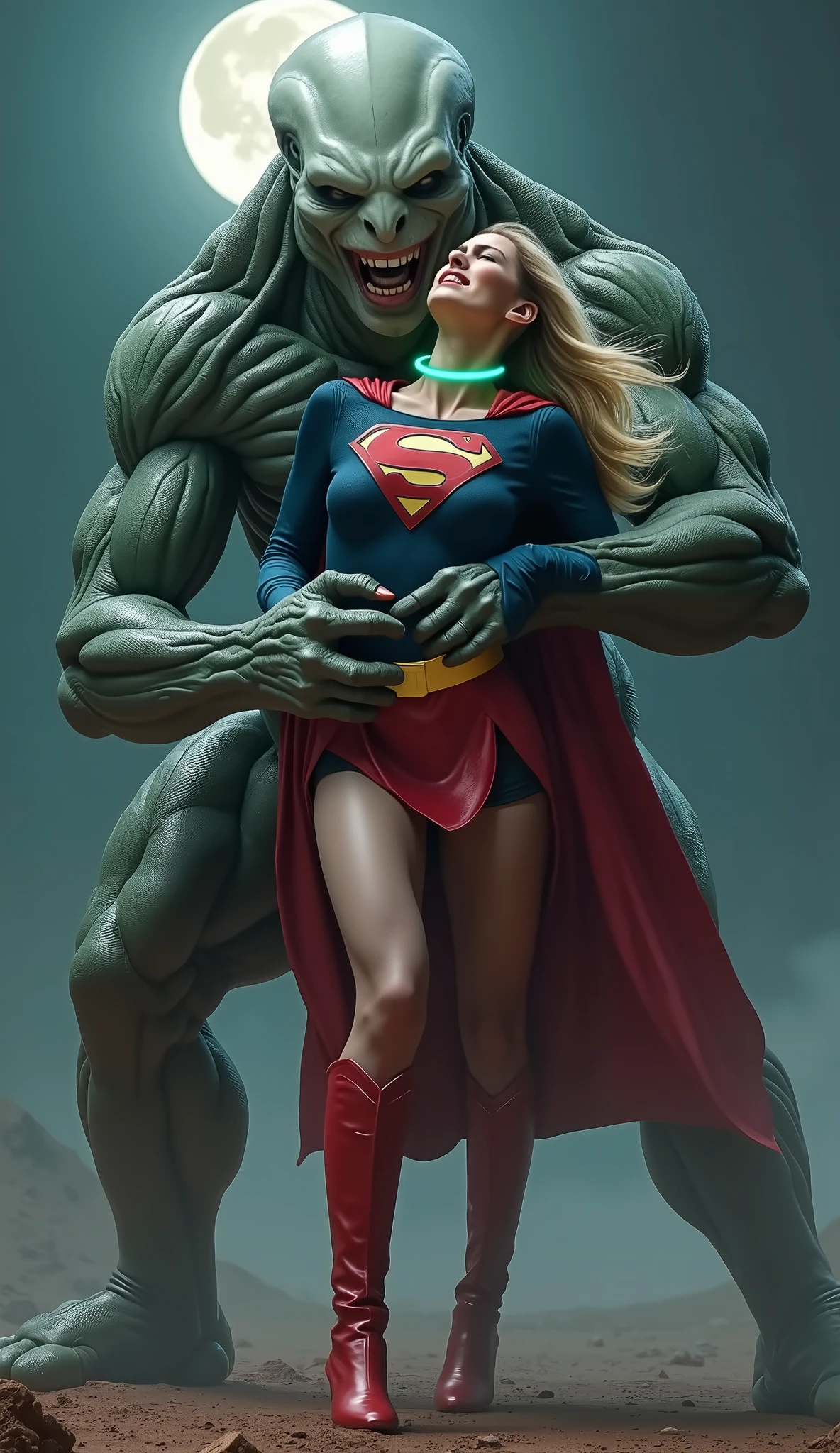 Supergirl is fighting with a big alien monster, very bright white skin, can see whole body, She is wearing a thin black pantyhose, short red leather fabric skirt, red knee height long boots, blonde hair, lighting green collar on her neck, She is screaming in pain, seriously injured, painful, a huge body fierce Alien Monster hold and carry Supergirl body, the Alien Monster seize her body tightly and bite her neck, photorealistic, hyper realistic, night time on the Mar with moon lighting,