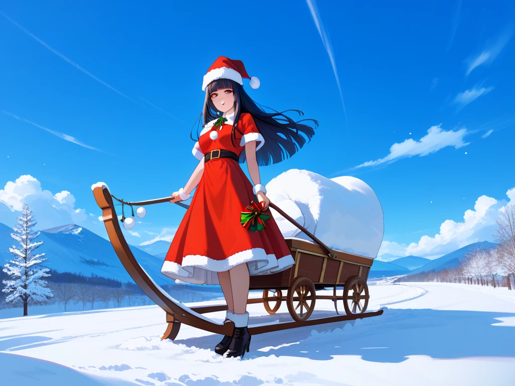 masterpiece,best quality,simple,minimalism,hime cut,beautiful japanese girl with straight black long hair,troubled and groomed eyebrows,red eyes,slanted eyes,half opened eyes,dress up as Santa Claus,santa hat,simple background,snow,turn to face,The reindeer pulled Santa's sleigh,floating in sky,night