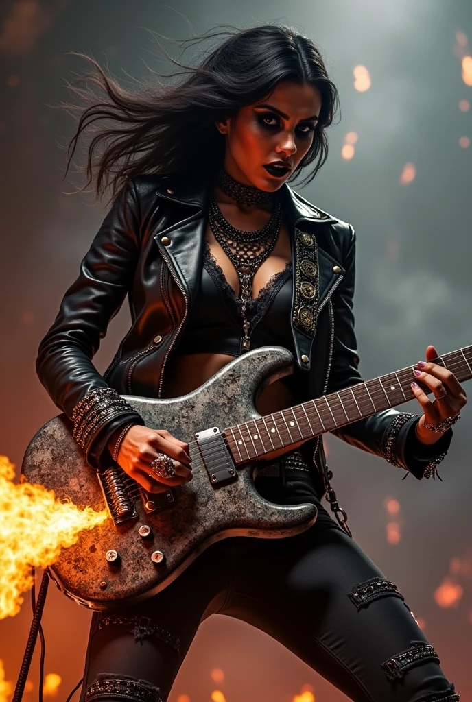 Heavy metal, biker chick with chains and spikes, ferocious expression, powerful female rock star, black leather, dressed in black leather jacket and torn jeans, dark eyeliner and black lipstick, heavy music, fierce woman, standing tall, epic guitar solo, guitar on fire, woman solo electric guitar, female guitarist of metal, woman playing the guitar, electric guitar made of metal, flames on stage, female rocker playing a concert,