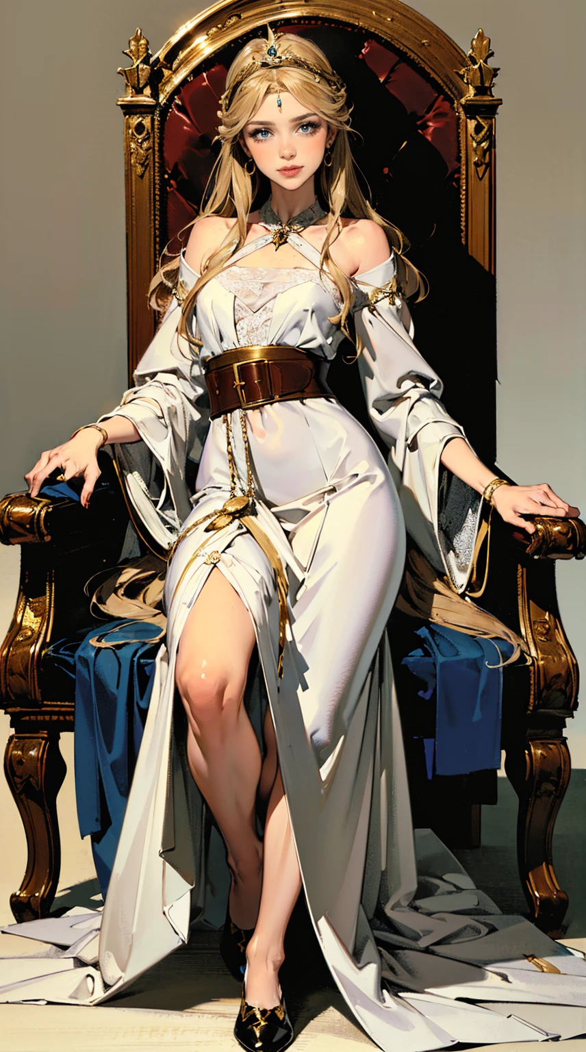 Miquella from elden ring sitting down, miquella, full lips, blonde, white revealing dress, gold, bimbo femboy, black lipstick, thick legs,