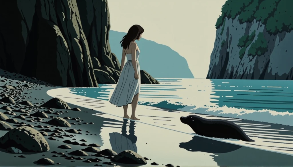 A Nouvelle Vague-style cinematic scene capturing a surreal and poetic moment inspired by the Sabian Symbol. A woman, emerging gracefully from shimmering water, stands on the shore under soft, diffused light, her wet hair and flowing dress clinging to her form. Beside her, a seal has come ashore, gazing at her with a sense of connection and mystery. The atmosphere is ethereal and dreamlike, with subtle reflections on the water and a rugged, natural beach setting. The composition is framed with an artistic, slightly grainy texture and high contrast shadows, characteristic of Nouvelle Vague films, evoking both raw emotion and a touch of fantasy.