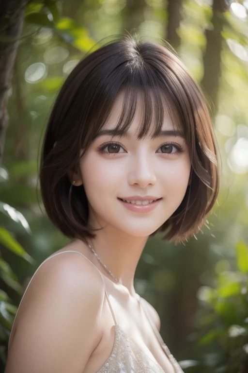   beautiful girl, (((((  small)))), Show your face,  short hair ,   brown, 8k,  Professional photoshoot, delicate,   clear  ,   in the forest  ,  moon,  Light Leak , masterpiece, (  beautiful)))), (reality)))), smile,  wonderful,   angel, young