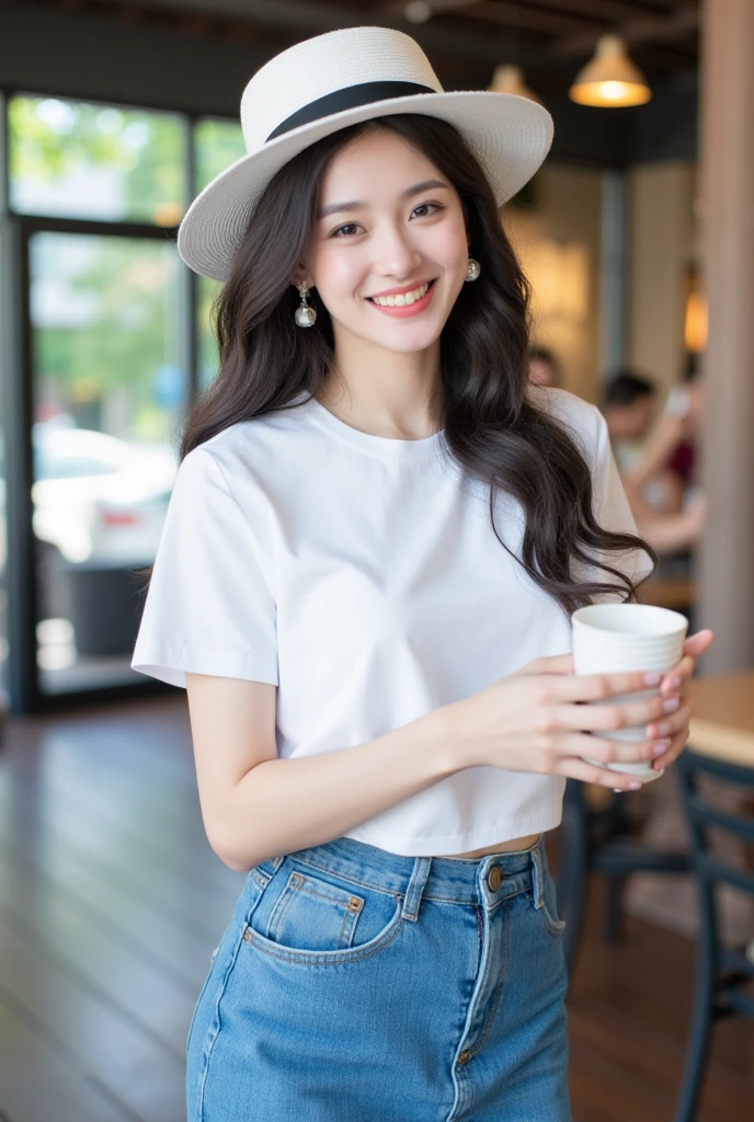 .  This photo is a digital graphic image of a Thai woman . ,White skin and brown hair  , , looking with a face of muted color  . smile, seeing white teeth,, รูปลักษณ์ทางกายภาพรวมถึงดวงตาสีดำและรอยsmileเล็กน้อย..  background is a coffee shop , , focus on her face , Wear a white, short-sleeved, round-neck crop t-shirt. , . Short pencil. The blue denim skirt , wearing white sneakers ,RANDOM GESTURES ,Standing Pose,Wearing a white fashion hat , wearing white sneakers ,