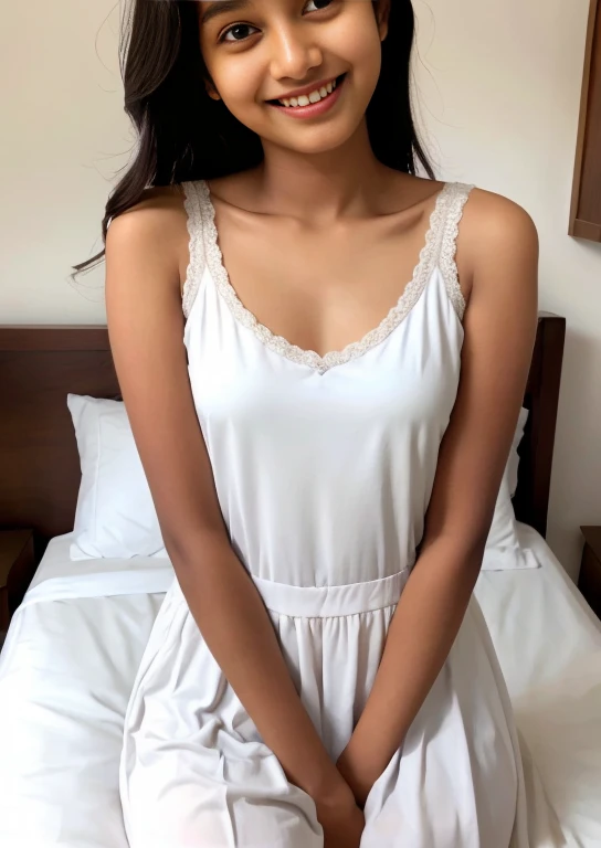 Sri lanka   girl, wearing white clothes  , in the bedroom,  (slim, small, flat, small), photorealistic, detail, skin texture, super detail, delicate and sexy collarbone, smile