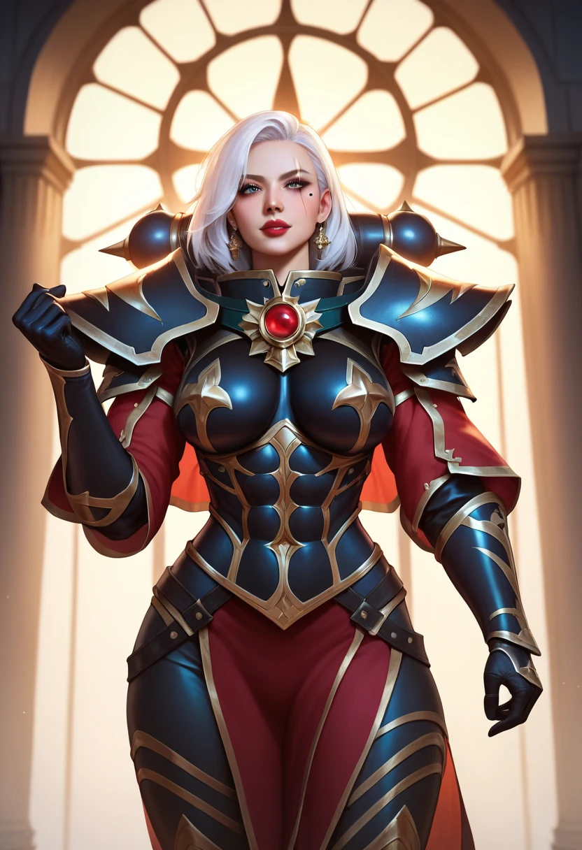 1girl, solo, red_cape, jewelry, cape, armor, earrings, shoulder_armor, looking_at_viewer, white_hair, breasts, red_lips, pauldrons, gloves, black_background, cowboy_shot, gauntlets, medium_hair, black_gloves, holding, lips, standing, red_eyes