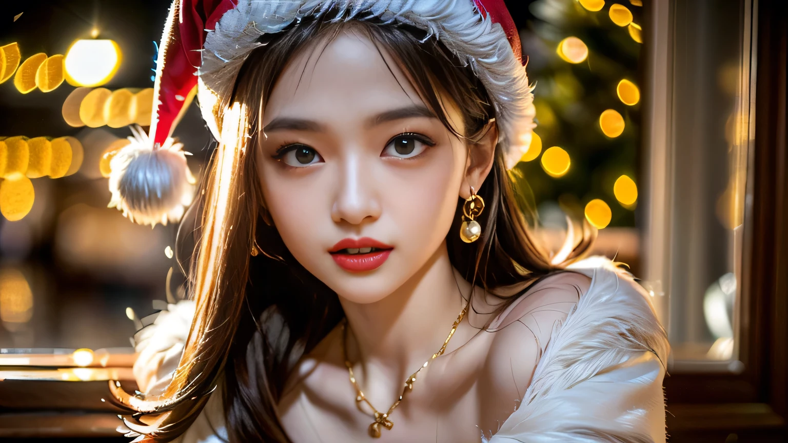 (32K:1.9, Photographically:1.8,  top quality:1.8, masterpiece,   super high res ),   Christmas night,   professional camera work ,   cinematic lighting ,   Highly detailed skin and face texture:1.4, Always accurate,   very detailed, ((  Surprisingly Thin Body  :0.5, 22 years old, Big Breasts,  Fluffy Santa Outfit :1.3,  Santa hat :1.0,   Christmas Dinner:1.3,    Christmas Tree ,  Moonlight Illuminating the Shed  )),   white skin,   Elegant  , sense of cleanliness,   posing with a wine glass  , (  Big Eyes with Beautiful Sensuality  , smile, I love you with all my heart,   open your mouth slightly  , lipstick, Overly sensual,  Feeling beautiful sensuality  ), ( old man with sexy face ,    exudes a beautiful erotic vibe,  long wet dark brown hair  , The wet dark golden bob hair ),   earrings for women with first name,   necklace,   Bracelet  , (  romantic,  Mysterious in another dimension ), Object of praise,   original  , dramatic, Artistic, Innovative, charm, Heartful, nice, sense of openness, Special,   Exciting , Extreme, (((joy, expression of joy, 若さのcharm, Feminine charm)))