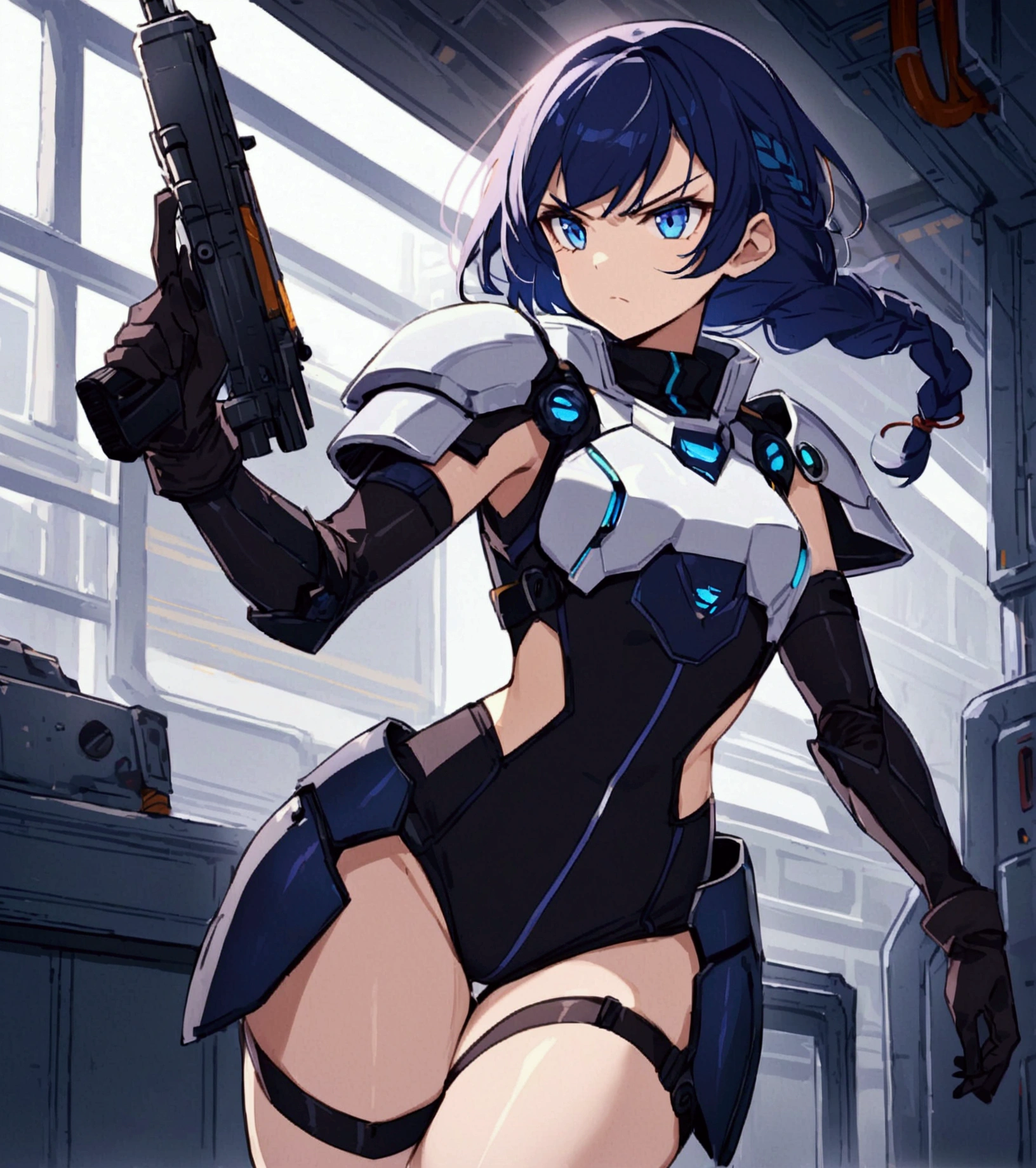 a beautiful girl with midnight blue eyes, (long midnight blue hair, braided hair) circuits running through her skin, wearing a uniform (sleeveless turtleneck suit with shoulder pad armor, armored shoulder pads, gloves, scifi suit with (small subtle leg cutout)) with a curvy figure, scifi gun, serious determined expression