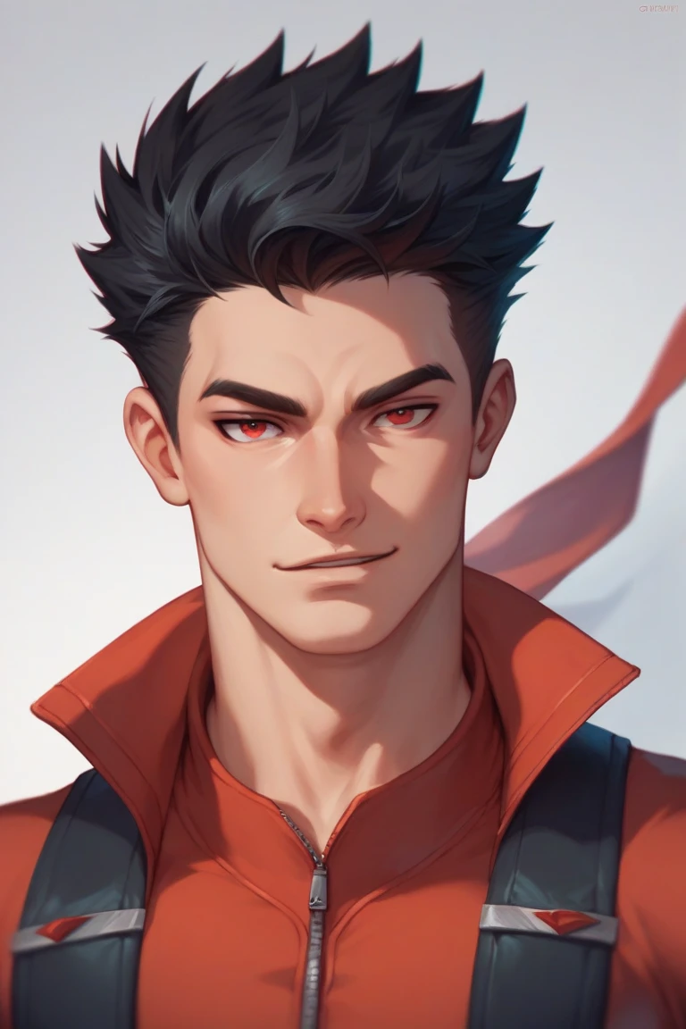 Anime boy ,Spiky hair ,black hair ,red eyes ,narrowed eye ,handsome ,matured, hero suit, wind powers, 