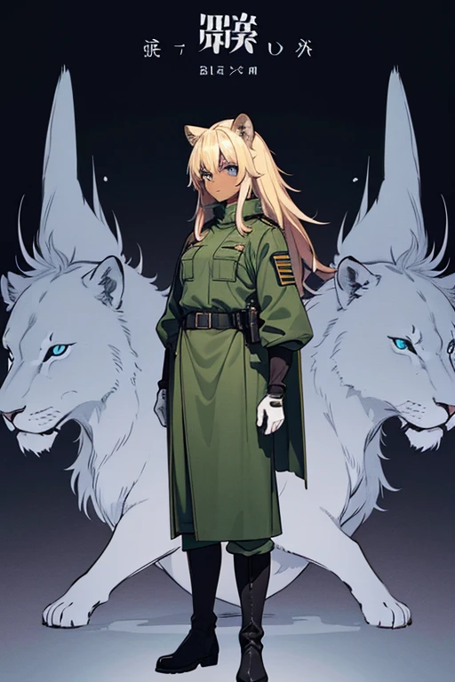  anime picture 、SF officers、 Full Body Portrait 、 A 32-year-old dark-skinned woman with arms folded and standing upright, about 175 cm tall, wearing a dark green military uniform、profile、 blue eyes、Ears like a lion、The hairstyle is short medium with feathery hair、Blonde、 smiling with her mouth closed 、military boots、gloves、Short cloak