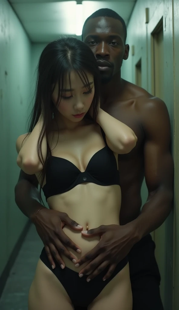 gorgeous charming white chinese female, black hair, naked, 30yo, very tiny, very skinny, anorexic, anorexia, shy, very small breast, glasses, naked, hugged tightly by huge blackman, among huge blackman, in clinic, crowded, best quality, 4k, 8k, highres, masterpiece, ultra-detailed, realistic