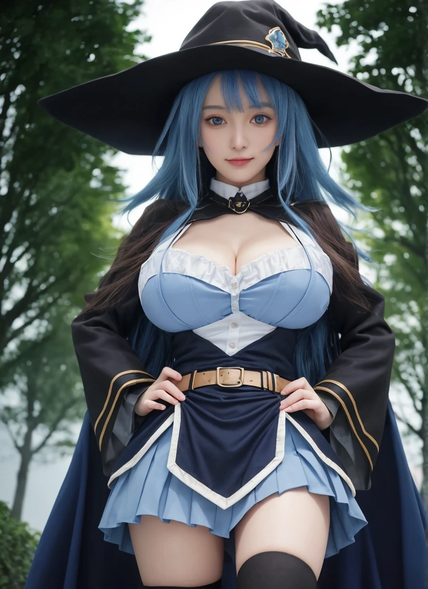 (photo realistic1.2),ultra detailed,(8K),(1girl),(Fantasy:1.5),(bed),Clothing with low sheen,(wizard costume:1.5),Enchanted Wands,Sorcerer's Spellbook,(Wizard's Hat:1.2),topless, (small nipples), (big breasts: 1.2),gravure, beautiful Japanese, clothes in disarray,earrings,(from above:1.5),(looking at viewer),(kneeling pose),smirk,(upper body),(spread legs:1.2),(blue hair),(half-up, half-down),22years old,