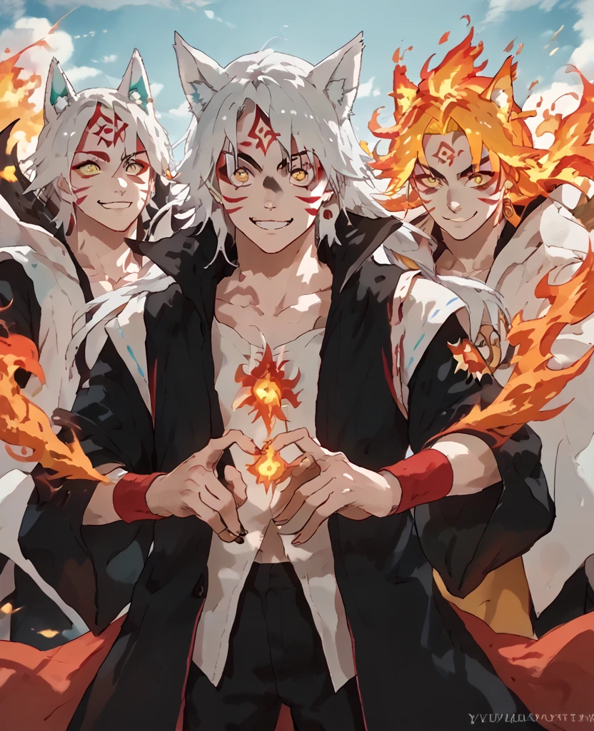 man, fiery hair, white skin, red face paint, jentry chau, anime style, fire powers, yellow cat eyes, white hair, third cat eye on forehead, voluminous hair, orange twilight sky, smile, kitsune style