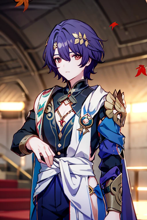 A boy, solo, short hair, purple hair,( red eyes), golden leaf hair ornament，