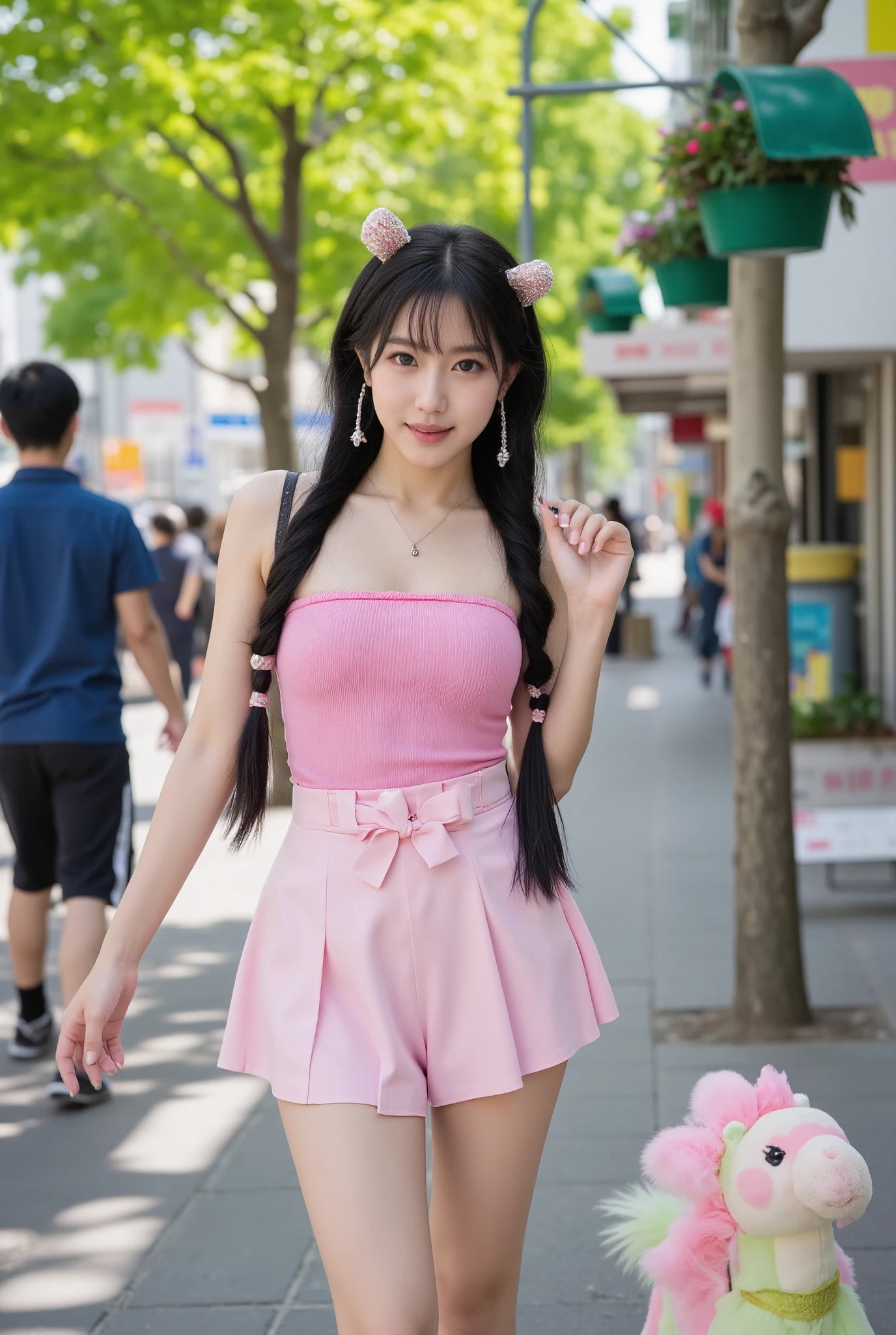 Amid the vibrant energy of Harajuku Street on a sunny afternoon, the Korean woman stood gracefully. Her long black hair was intricately braided and adorned with playful accessories that shimmered in the sunshine. She wore a stylish pink cordless top that accentuated her youth, paired with A flirty skirt of shorts that flowed gently in the breeze surrounded her with assorted shops and colorful storefronts, while the sidewalks buzzed with pedestrians, capturing the vibrant essence of Tokyo. Greenery from nearby trees and hanging flower baskets made the ambience of The city softens, while the bright plush toy sits happily on the horse. Sit nearby, invite smiles from passers-by and add a strange touch to the bright scene.
