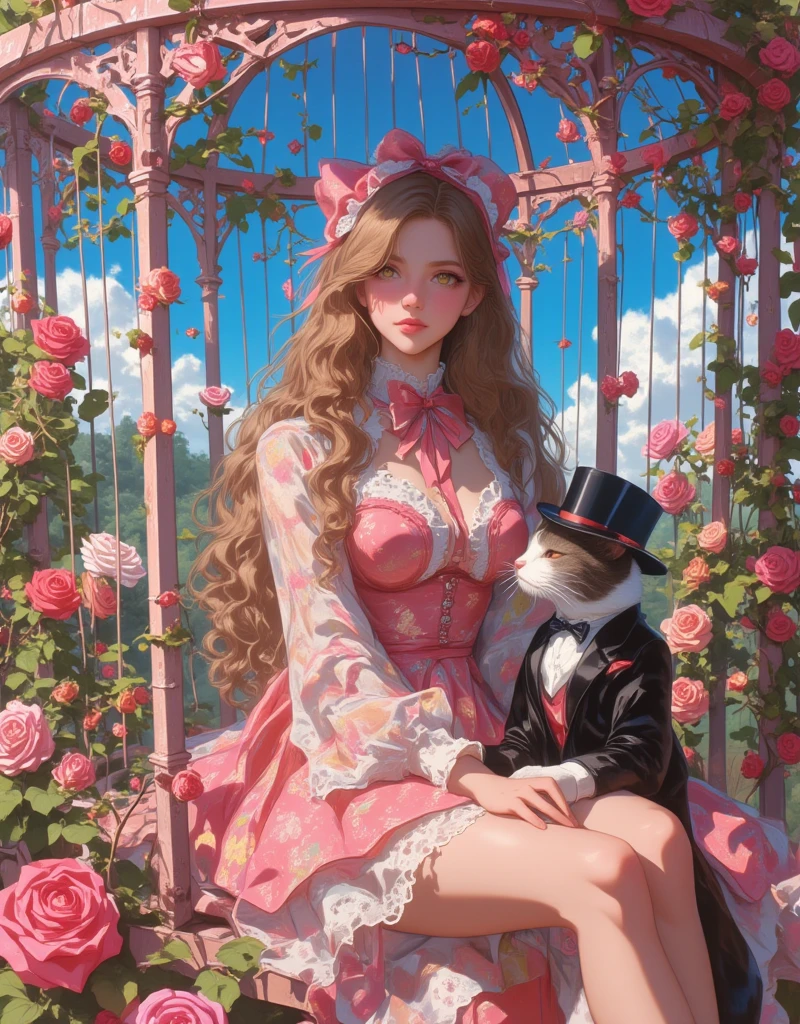 Lolita girl in a birdcage, Wearing ribbons and Lolita dresses, Colorful rose flowers, Rose vines tangled around a birdcage, Fairytale illustration. Baron the cat in a hat and tuxedo. Pastel Gradient, "Lollipop Syndrome", mesmerizing artwork, Impressive creativity. (best quality, high resolution, masterpiece:1.2), Super detailed, glitch, egmid