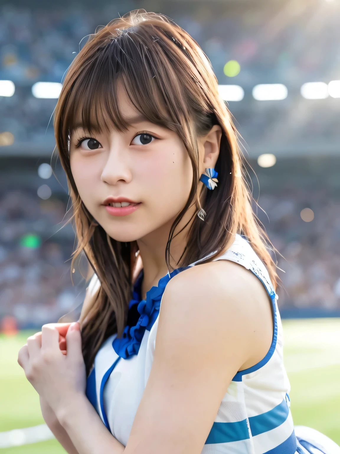 A young woman in a vibrant cheerleader costume stands out under the dazzling floodlights of a soccer stadium. Her outfit, featuring a playful design with a flared miniskirt and a bold, bright bow, sways slightly with her energetic movements. She grips blue pompoms in both hands, their metallic shine catching the light as they flutter with her enthusiasm. One leg is lifted high into the air in an impressive cheerleading pose, showcasing her athleticism and grace. The stadium roars with excitement, the night sky above providing a stark contrast to the vibrant green field below. Her radiant smile and spirited presence seem to energize both the players on the field and the crowd in the stands, embodying the electric energy of the game.　White panties are visible.　( RAW photos , top quality ), ( realistic , photo- realistic :1.8), masterpiece, extremely delicate and beautiful, extremely detailed, 2k wallpaper, wonderful, Detailed description, extremely detailed CG unity 8k wallpaper, ULTRA DETAIL, high res, beautiful detailed girl looking back, extremely detailed eyes and face, beautiful detailed nose, beautiful detailed eyes,(sunlight, blue sky:1.8),Perfect Anatomy,( slender body:1.6),( smiles gently, FRIENDLY , warm:1.8),( young japanese idol :1.8),( smooth short hair :1.8), ( brown eyes:1.8).