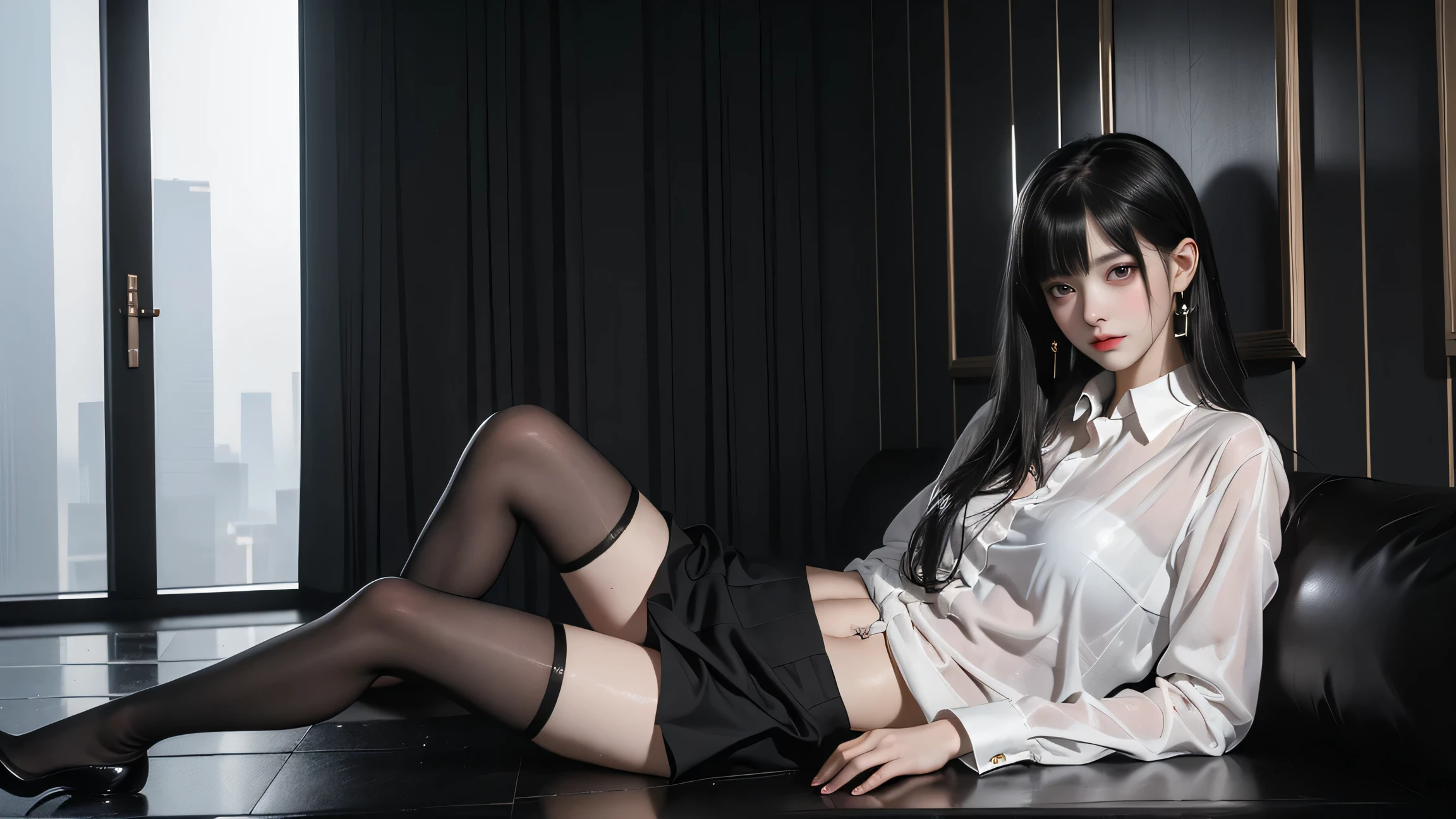 ( Lying down )、(( オフィスのソファーに横たわる女の子 ))、(  career woman )、( 最 high image quality )、((  excellent quality、 8k、 masterpiece : 1.5) )、((  Wet White Blouse  ))、（ Not wearing a bra）、（ Girl lying on office sofa with erect nipples shining through pink  )、((  black tight skirt  ))、  black stockings  、 high heels by Miguel、  Perfect Body Beauty  : 1. 4)  wet skin、smile、Film texture、  photorealistic 、  high image quality、1 person、  Single  、(The skyscrapers are hazy behind)