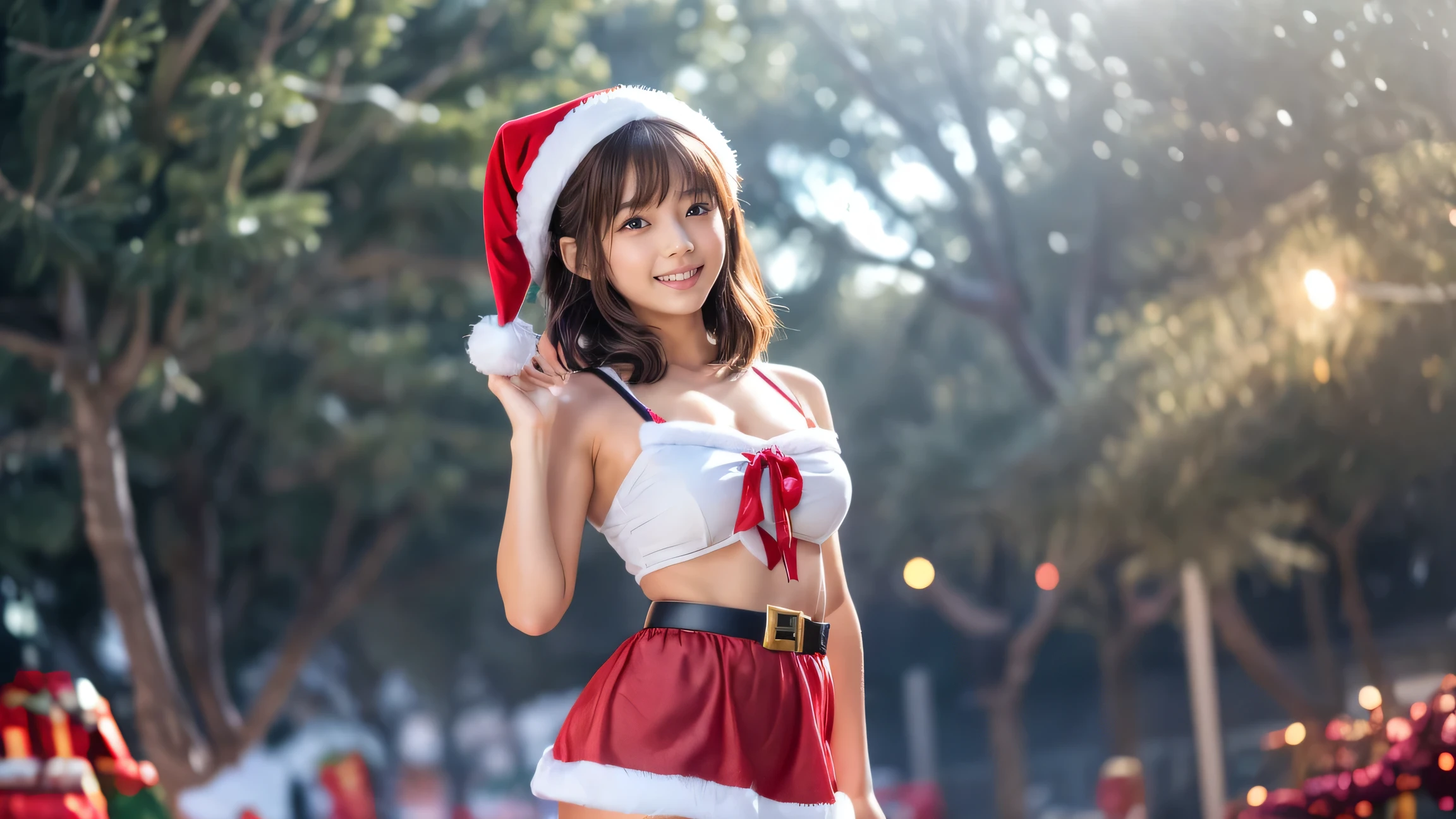 (((((santa costume、red clothing、Red mini skirt、opening legs、triangle zone of white pants、Part of the panties is visible)))))、(((kawaii、kawaii、Beautiful fece、opening legs、a smile、15yo student、teens girl、japanes、a smile、no-makeup、Medium bob hair、sit on a bench、Sit with open legs、I can see the white panties))))、(((Street corner bench、white Christmas、Snow flickers、Sit with open legs、Wear red clothes、I can see the white panties)))、(in 8K、Raw photography、top-quality、masterpiece:1.2)、(reallistic、Photorealsitic:1.37)、The ultra -The high-definition、1 girl in、cute little、独奏、natta、(A smile:1.1)、(Santa's Hat)、and milk、beautidful eyes、(short-hair:1.2)、(((Christmas Night View、In the street、tree lights sway、santa costume、red clothing、Red mini skirt、White panty)))、(((15yo student、kawaii、kawaii、Navel is visible、My thighs are shiny、Opening legs)))、cleavage on the chest、perfect bodies、Perfect fingers、profetional lighting、goddess of Japan、gravure、Detailed face and skin texture、A detailed eye、Raw photo