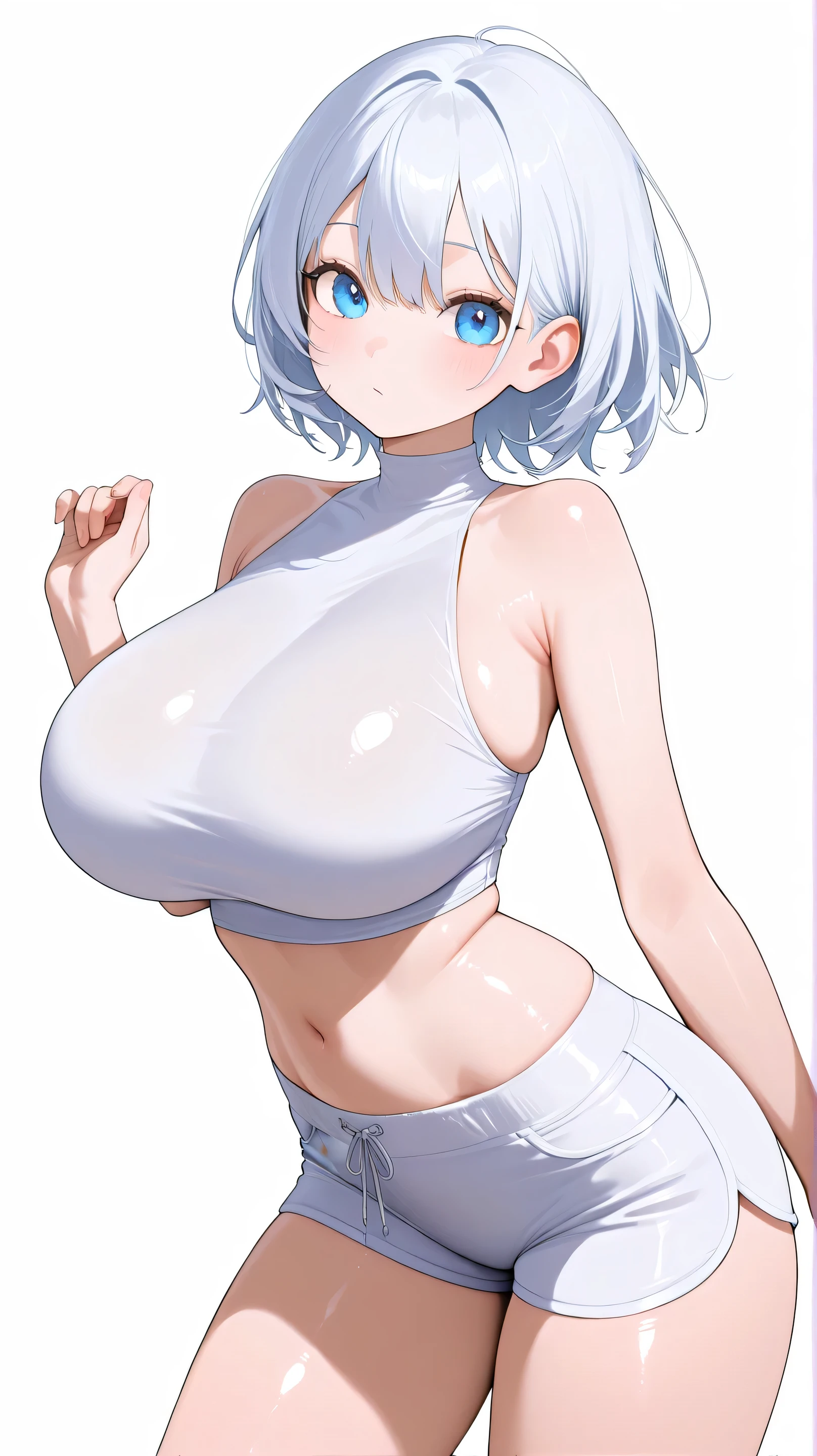 cute girl . Very kawaii , round face . alone , Slim , huge breasts , short and small . shiny skin . tight white crop top . shorts . dynamic poses . dynamic angle . No background , White background , looking at the viewer, 