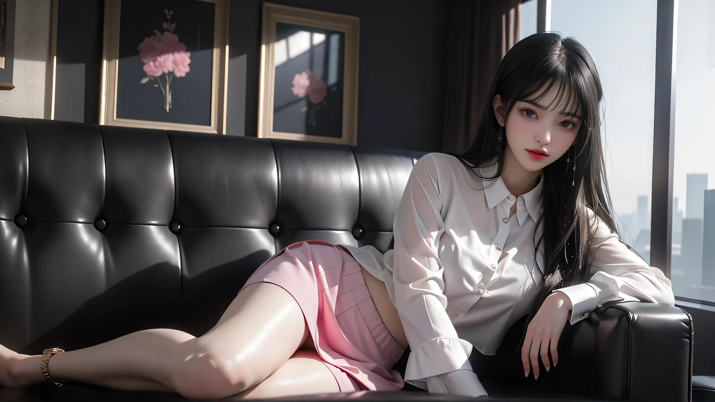 ( Lying down )、(( Girl lying on office sofa ))、(  career woman )、( 最 high image quality )、((  excellent quality、 8k、 masterpiece : 1.5) )、((  Wet White Blouse  ))、（ Not wearing a bra）、（ Girl lying on office sofa with erect nipples shining through pink  )、((  black tight skirt  ))、  black stockings  、 high heels by Miguel、  perfect body beauty : 1. 4)  wet skin、smile、Film texture、  photorealistic 、  high image quality、1 person、  Single  、(The skyscrapers are hazy behind)