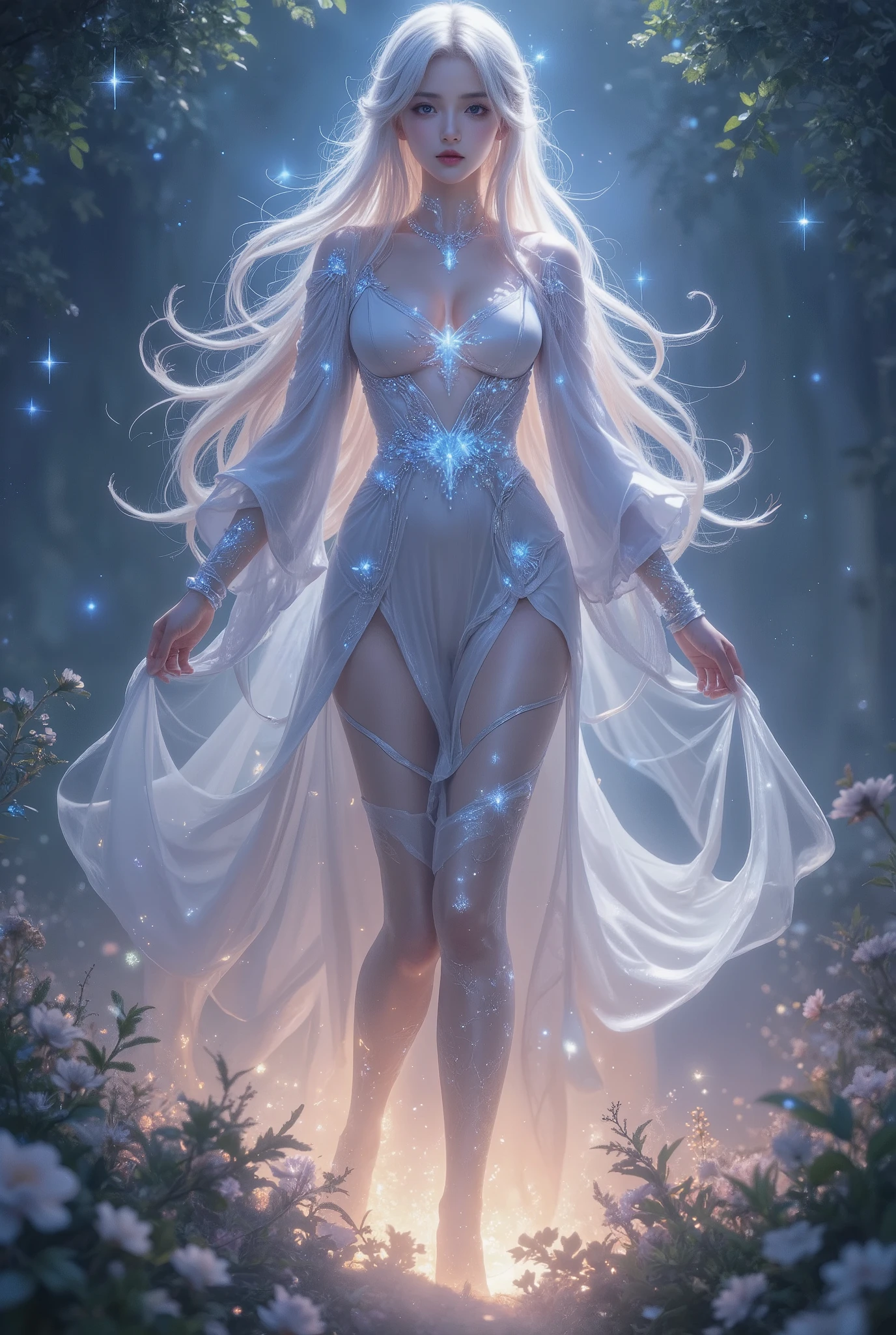 A woman in a white dress is walking through a forest - SeaArt AI