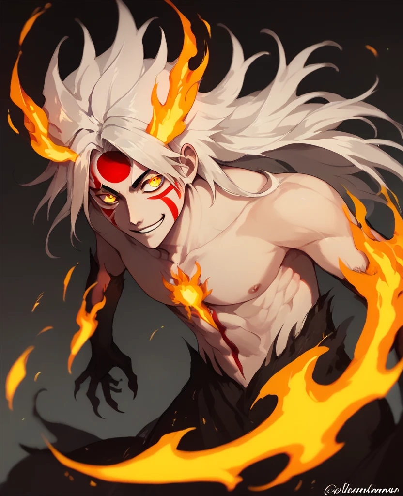 man, fiery hair, white skin, red face paint, jentry chau, anime style, fire powers, yellow cat eyes, white hair, third cat eye on forehead, voluminous hair, orange twilight sky, smile, kitsune style