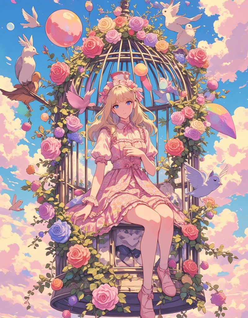 Lolita girl in a birdcage, Wearing ribbons and Lolita dresses, Colorful rose flowers, Rose vines tangled around a birdcage, Fairytale illustration. Baron the cat in a hat and tuxedo. Pastel Gradient, "Lollipop Syndrome", mesmerizing artwork, Impressive creativity. (best quality, high resolution, masterpiece:1.2), Super detailed, surreal, egmid